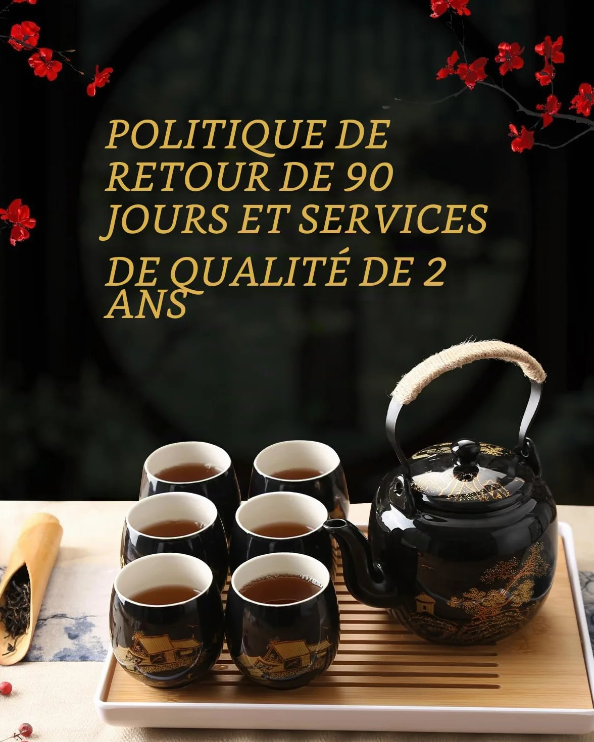 DUJUST Magnifique Service à Thé Japonais, en Porcelaine Noire avec 1 Théière, 6 Tasses, 1 Plateau, 1 Infuseur, Asiatique pour Amateur de Thé (Campagne Dorée)