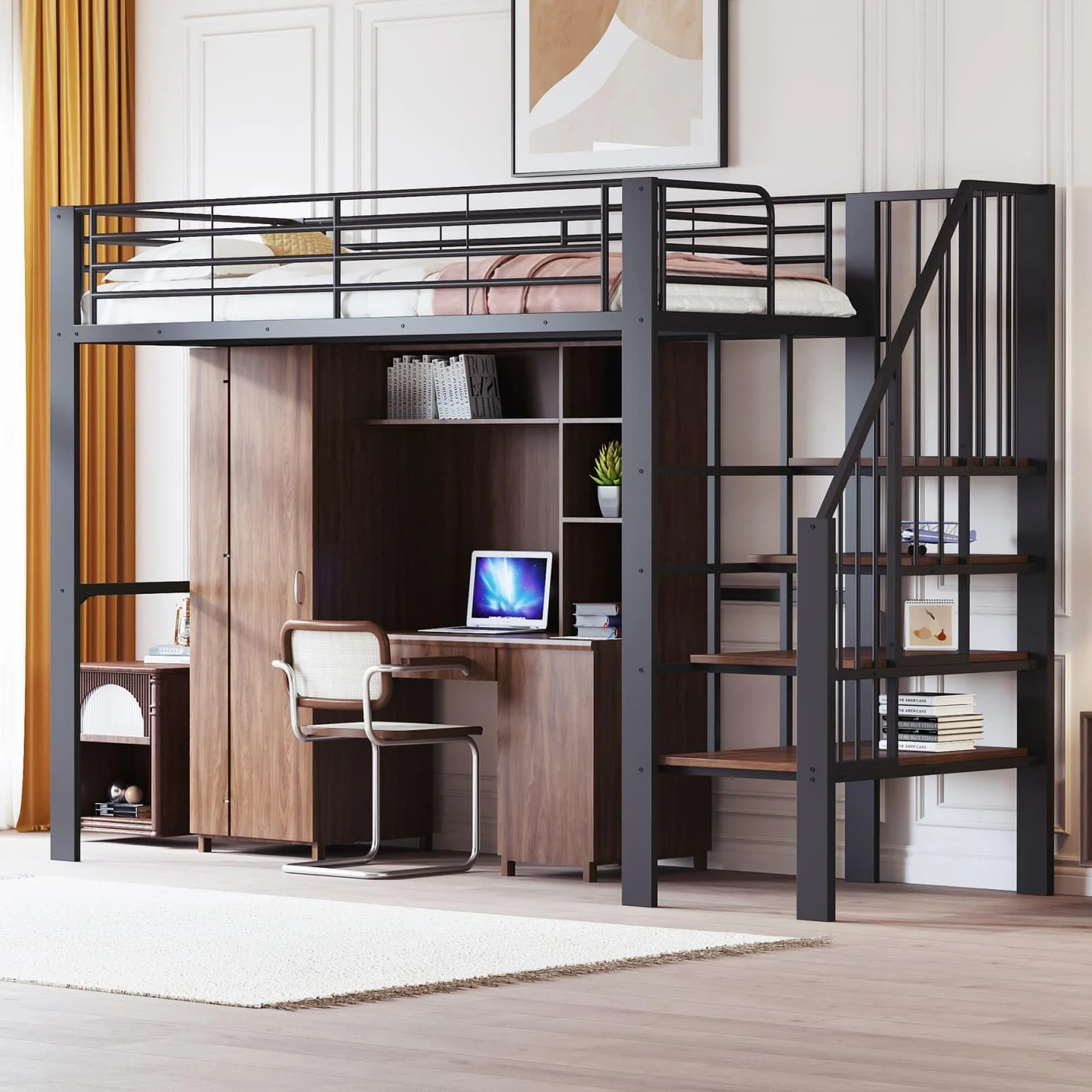Lit Mezzanine 1 Place 90x200cm,Lit Mezzanine Enfants avec Grand Escalier de Rangement,Barrière Haute,Sommier à Lattes Solide,pour Enfants Adolescents(Noir 1,90)