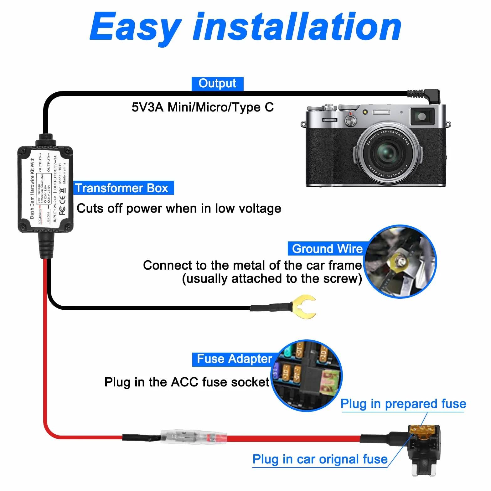 XMSJSIY Zestaw do kamery samochodowej Hardwire Adapter USB typu C Micro/Mini USB Hardwire Kit Car Dash Cam ładowarka przewód zasilający 12 V-24 V do 5 V z 4 kablami bezpiecznikowymi i narzędziem do