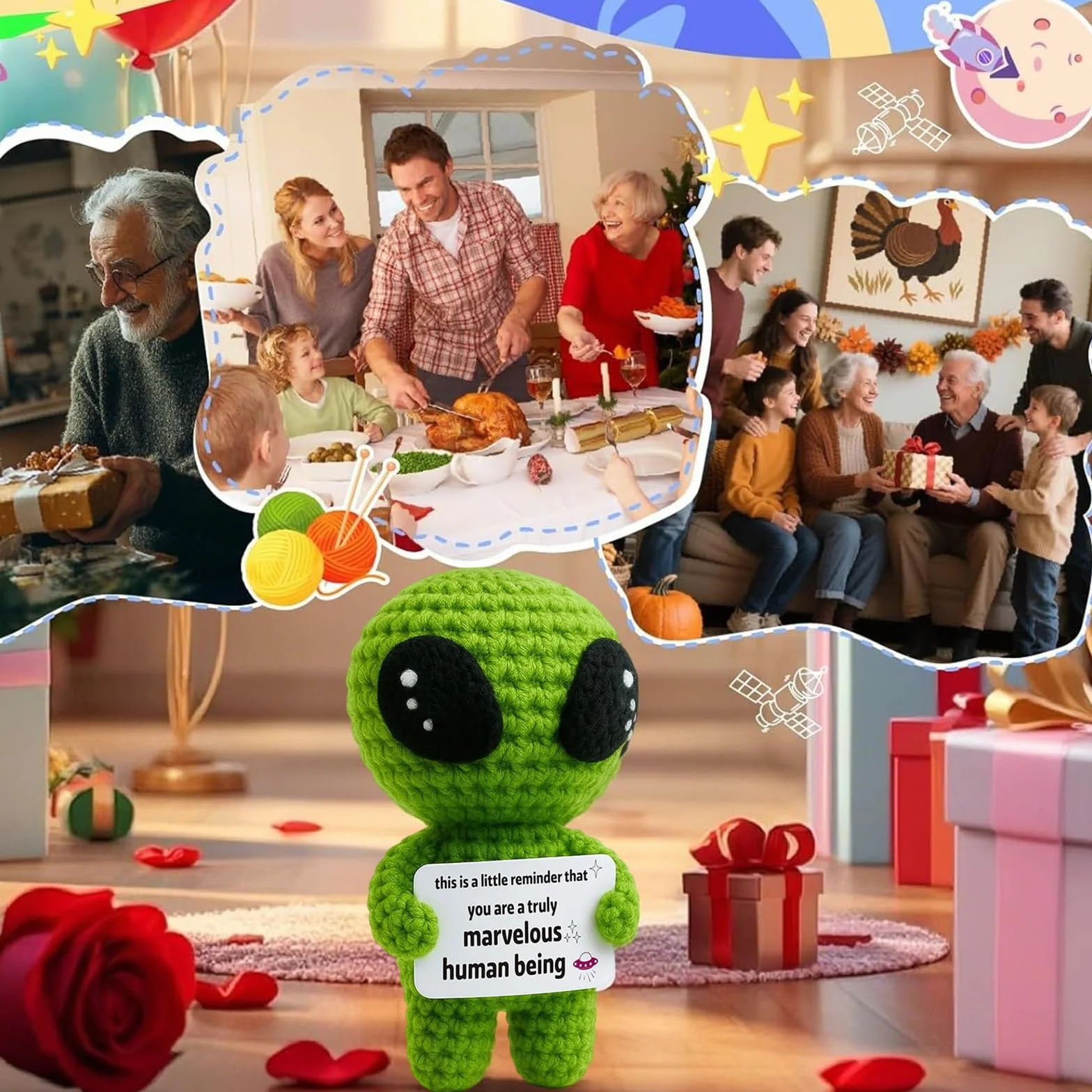 Poupée Peluche Pwsap Alien Tricotée Positive avec Porte-clés, Cadeau Créative pour Famille