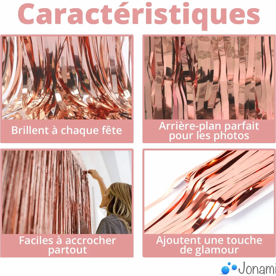 Rideau Métallique Tinsel Rosegold, Rideaux à Franges en Aluminium, Toile de Fond pour Fête Anniversaire Mariage