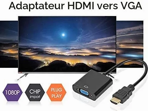 Adaptateur HDMI vers VGA mâle vers femelle 1080P pour Tablette PC Portable Noir