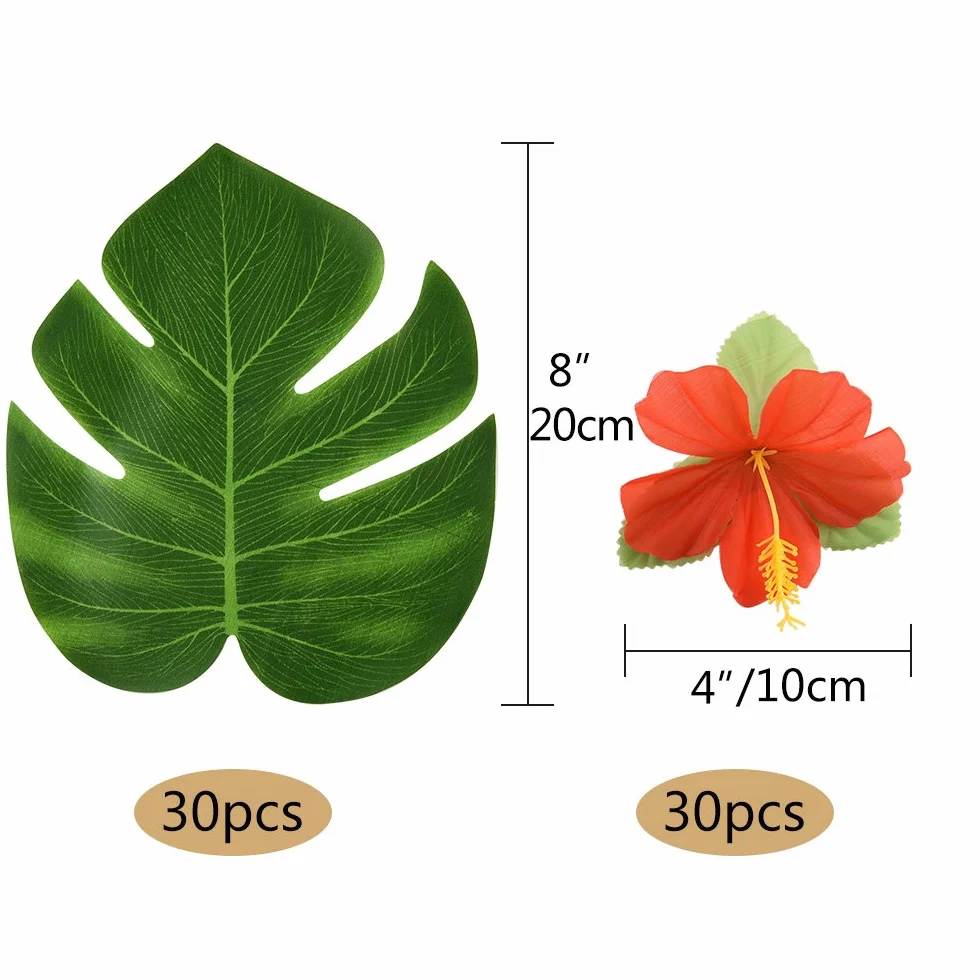 KUUQA 60 Pcs Tropical Party Decoration Fournitures 8" Palmtera Feuilles Hibiscus Simulation Hawaiian Luau Jungle Beach Theme