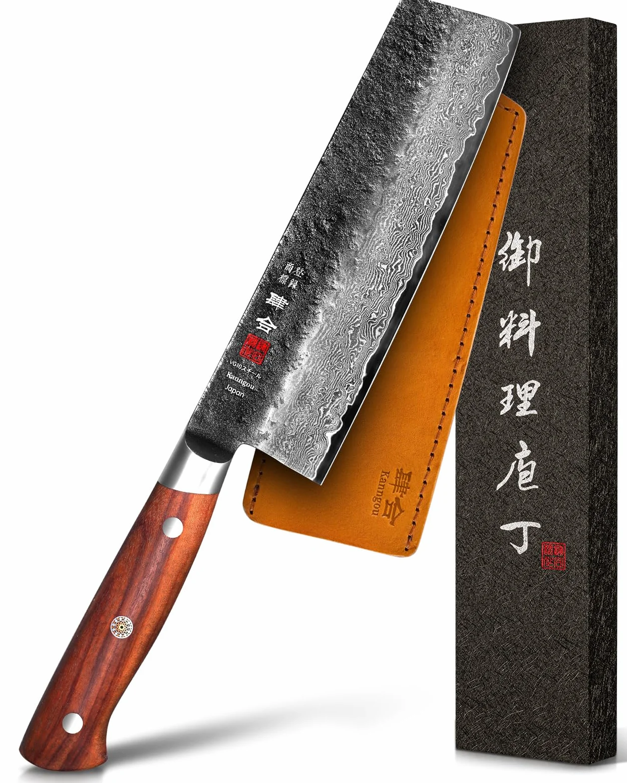 kanngou 18cm Couteau Nakiri Couteau japonais Damassé extra tranchant en acier VG-10 avec manche ergonomique en bois pakka, design robuste et boîte cadeau