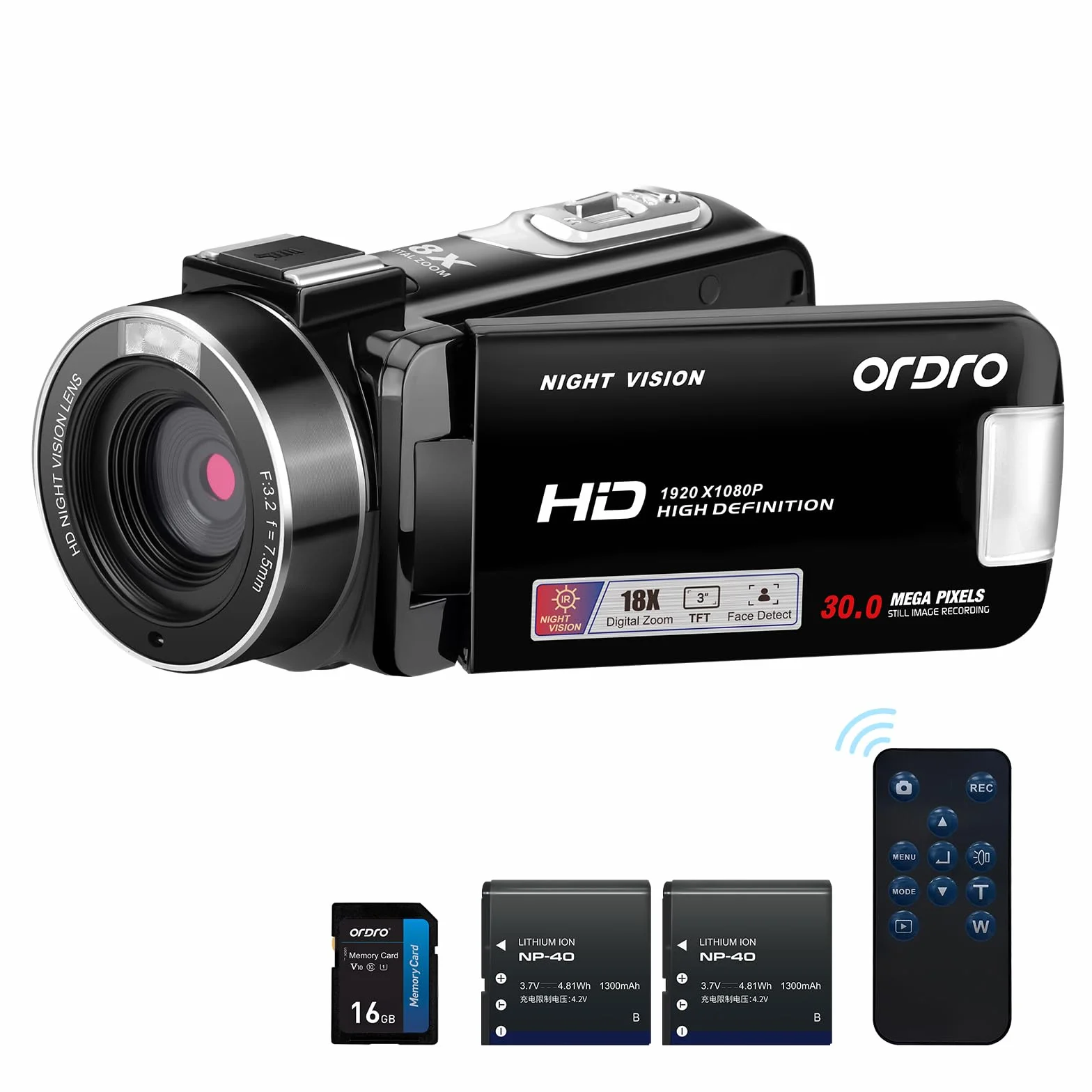 Kamerka ORDRO B320 1080P z kartą 16GB, 18-krotnym zoomem cyfrowym, noktowizorem, obracanym o 270° ekranem, pełną kamerą HD 1080P 30MP, 2 baterie, kolor czarny