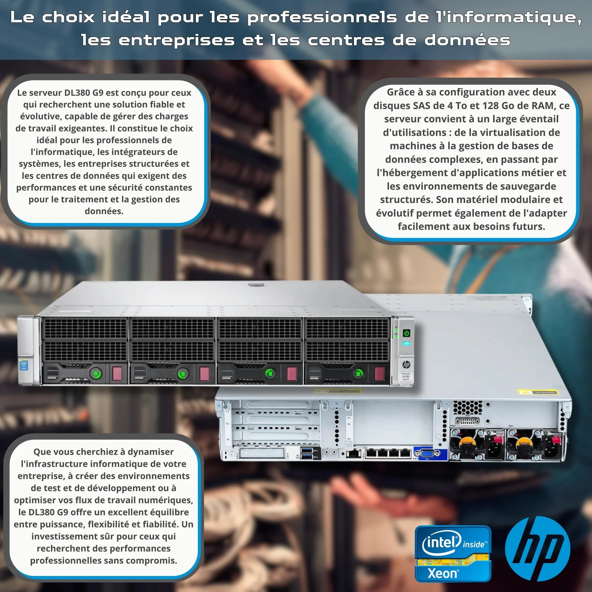 HP ProLiant DL380 Gen9 Serveur 2x Xeon 2690 V3 128Go RAM 2x 4To SAS iLO H840 Windows Server 2022 Reconditionné