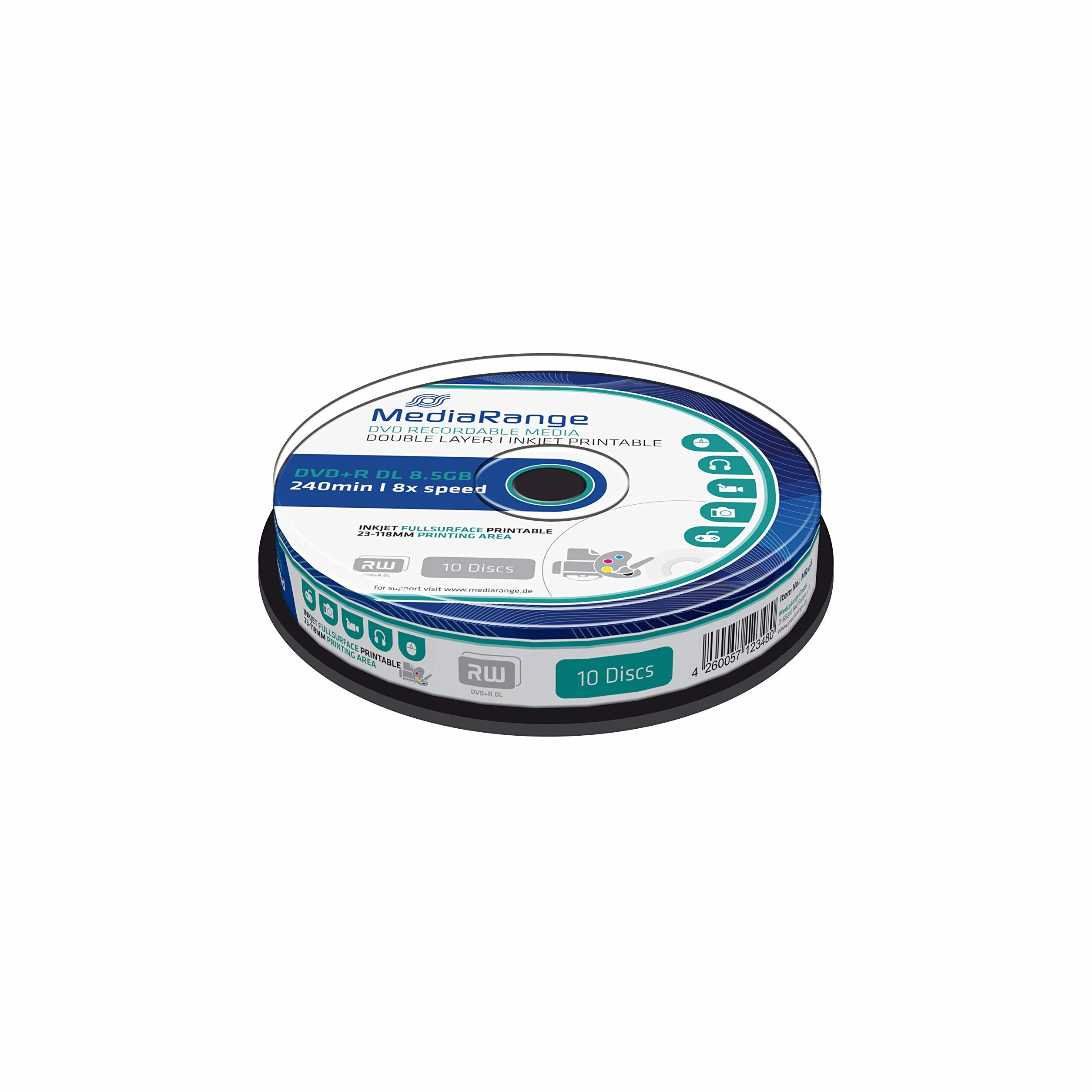 Mediarange MR468 DVD+R DL 8.5GB 8X Cake Box Imprimable par Jet d'encre Blanc Lot de 10