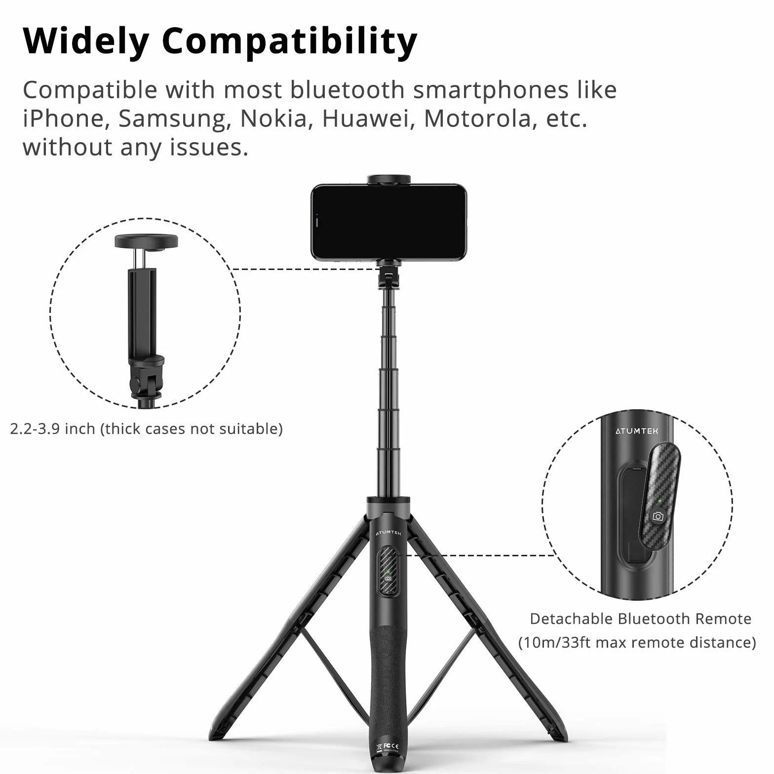 ATUMTEK Kijek do selfie 130 cm, Bluetooth, z wytrzymałym aluminium i antypoślizgowymi stópkami, trójnożny, do iPhone'a i telefonu z systemem Android, do selfie, nagrywania wideoblogów, strumieniowania na żywo.
