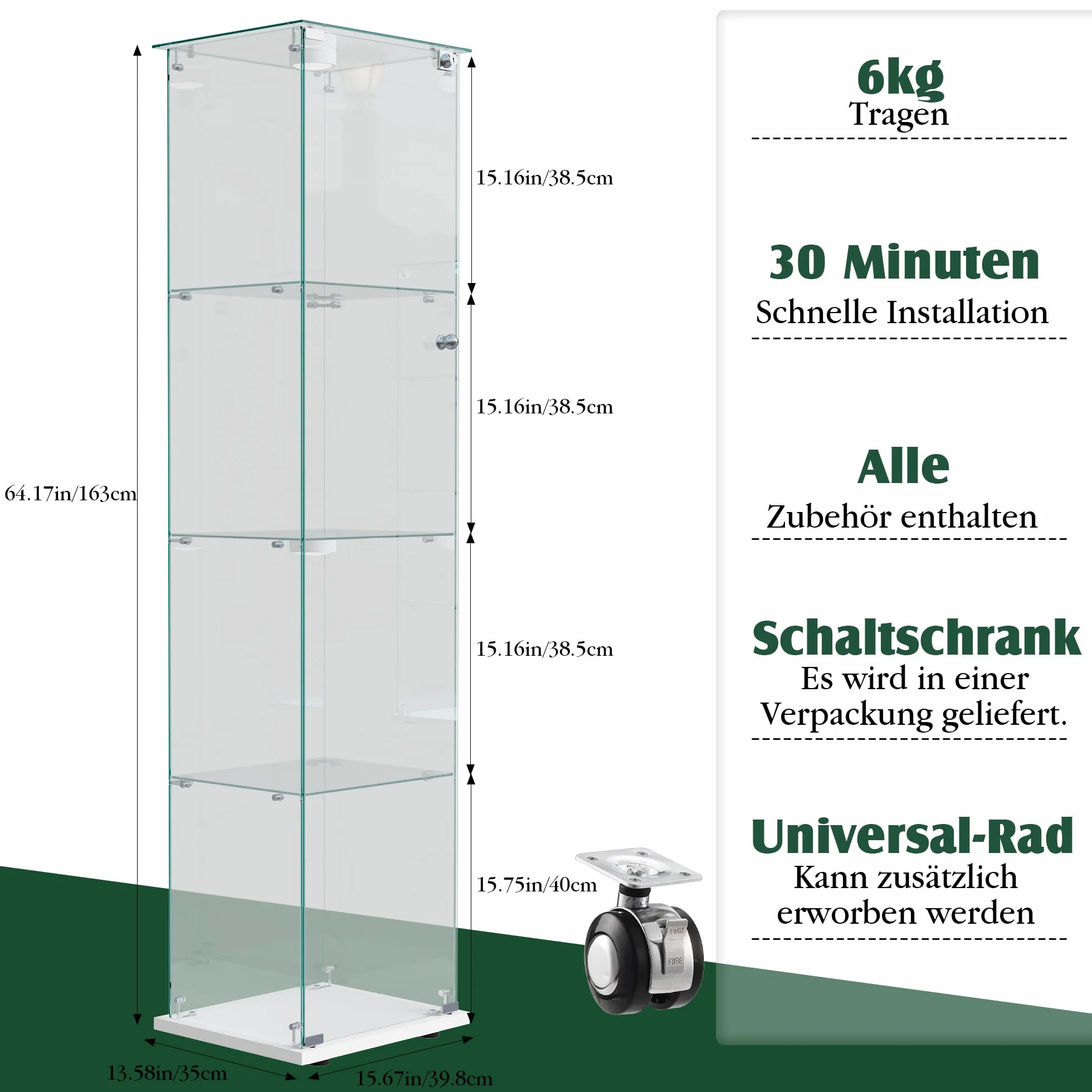 Meuble Vitrine Verre, Vitrine Verre 4 Layers Armoire Vitrineavec Serrure 163x35x39.8 cm VitrineVerre LED Vitrineen VerrePour Collection avec Porte Meuble VitrineSalon Transparent (Blanc A)