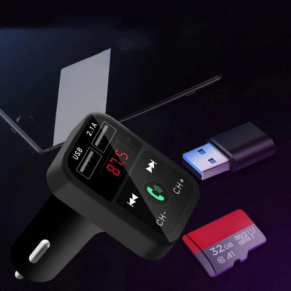 Retoo transmiter Bluetooth FM z ładowarką Dual USB, czytnik kart SD TF i wyświetlaczem cyfrowym, zestaw głośnomówiący, samochodowy adapter audio, uniwersalna ładowarka do urządzeń GPS,