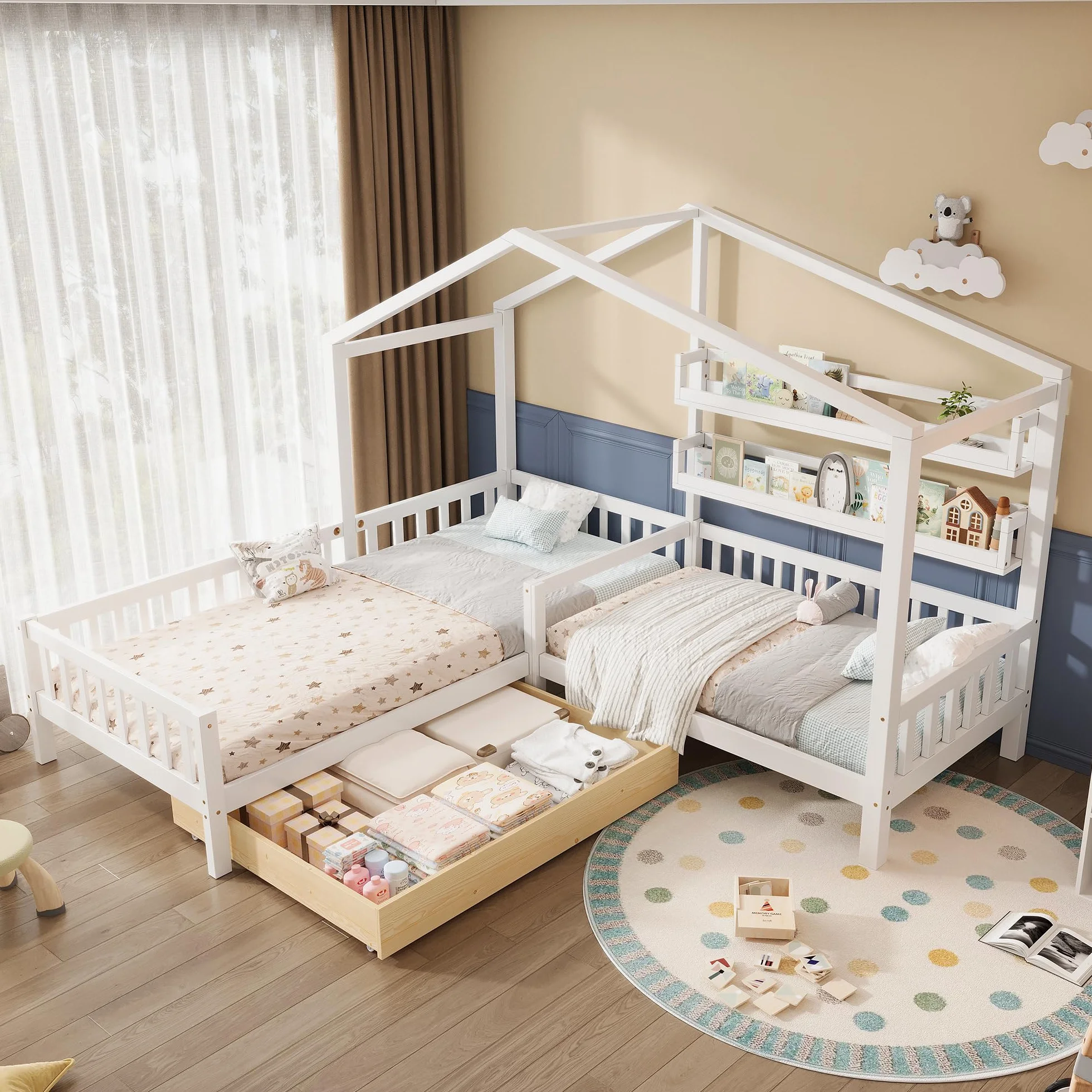 Merax Lit de maison, avec tiroirs et étagères, lit d'enfant, 90 x 200 cm et 140 x 70 cm, lit de jeu en bois massif avec clôture et sommier à lattes, structure en L, pour 2 enfants, lit double, blanc