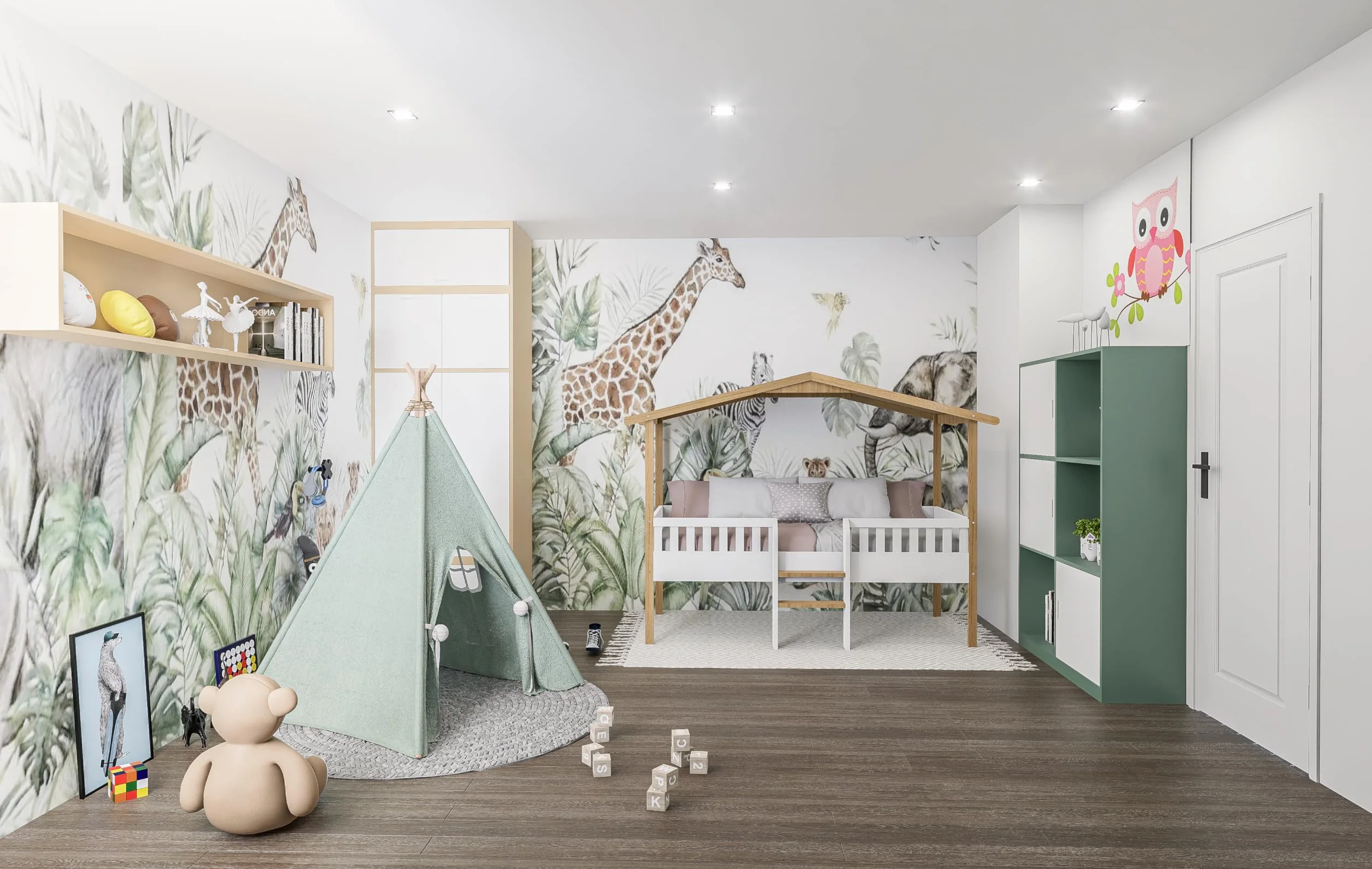 KONTARBOOR Lit Cabane Enfant, sur PILOTI 90 x 190 cm en Bois Naturel et Blanc + sommier. (sans Matelas)