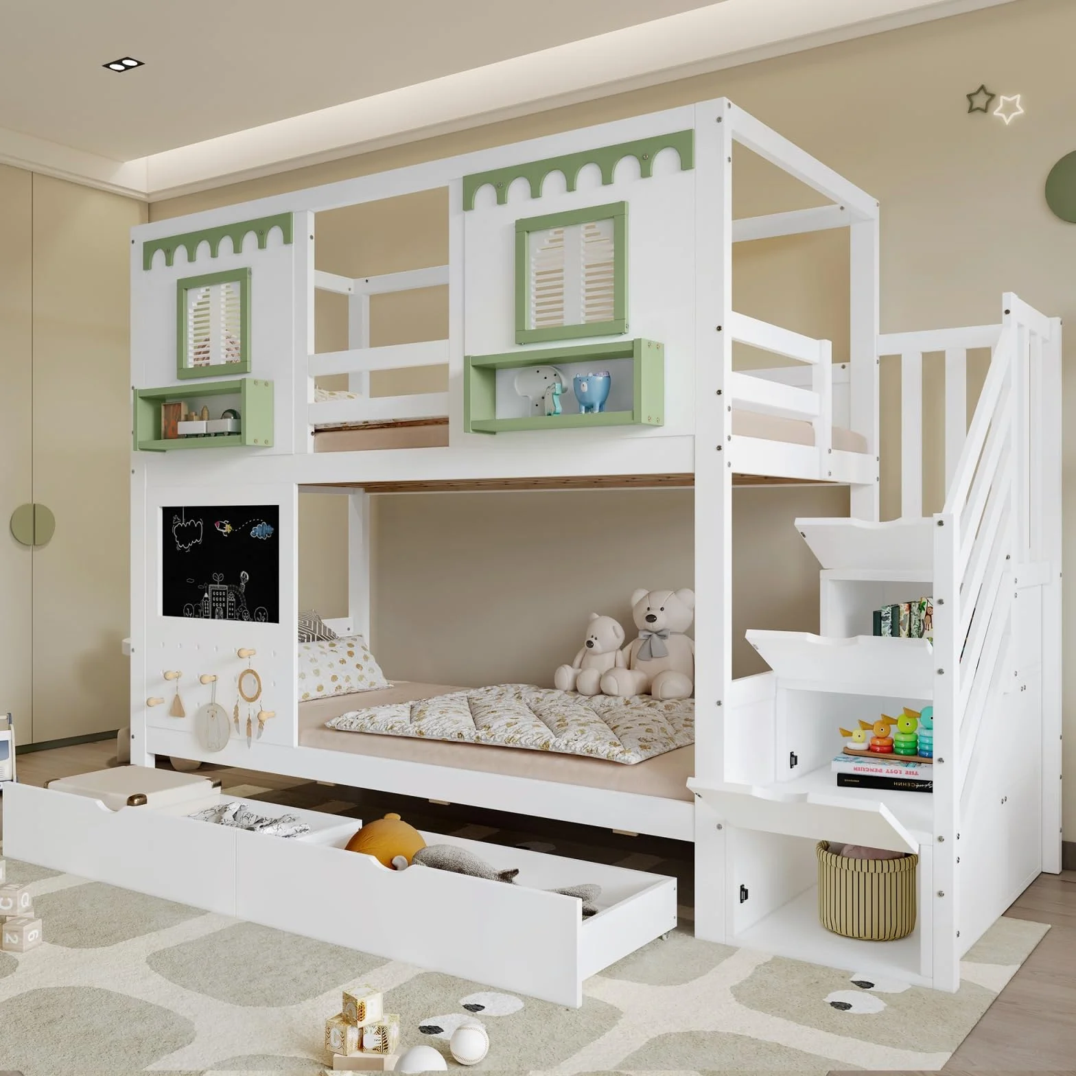 Sweiko Lit superposé 90 x 200 cm avec 2 tiroirs, lit enfant avec petit tableau noir, panneau d'affichage + 5 crochets en bois, armoire de rangement intégrée sous l'escalier, blanc + vert, sans matelas