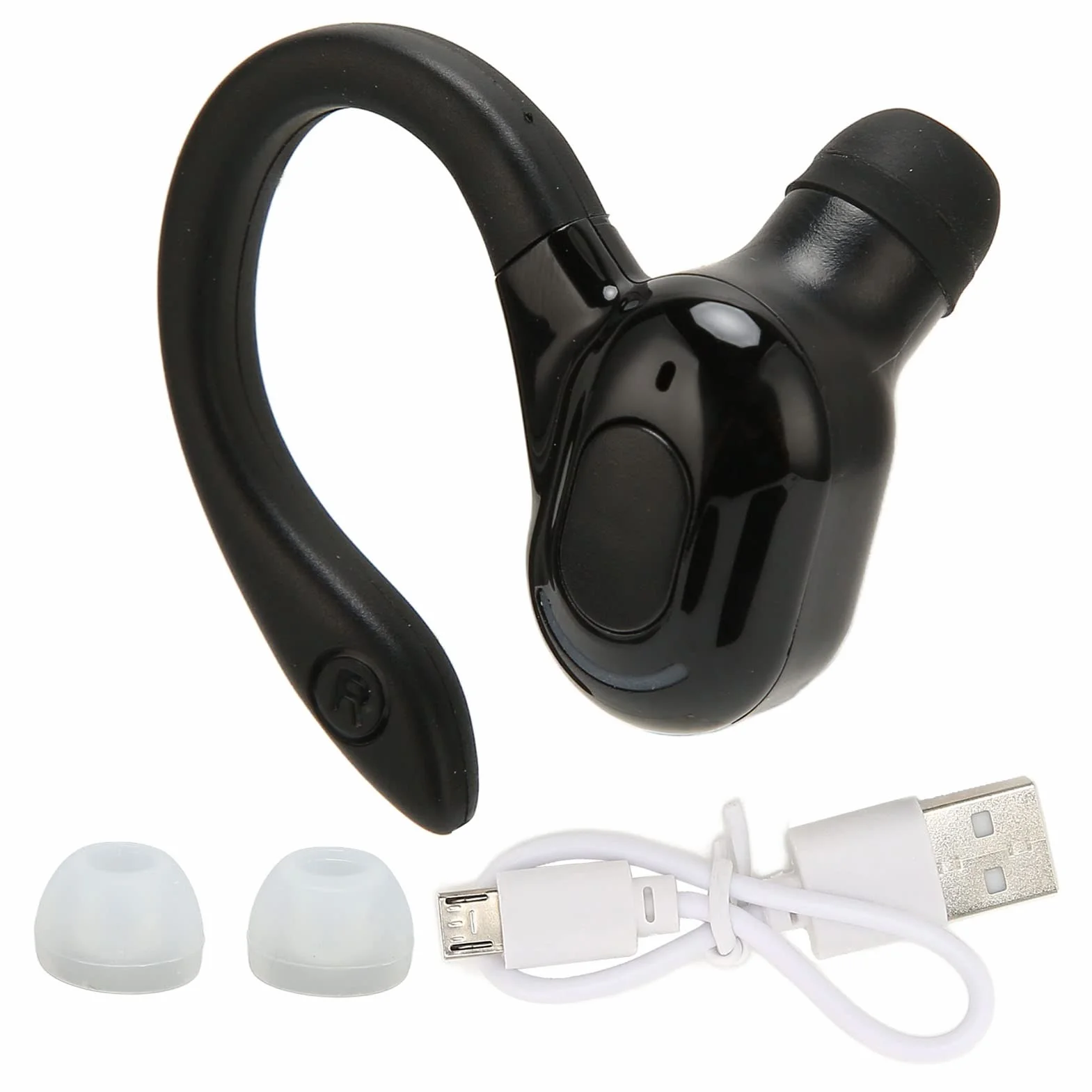 Akozon Jednouszne słuchawki BT, bezprzewodowe słuchawki douszne do biegania, jazdy, czarne, stereo, IPX4, wodoszczelne ładowanie przez USB