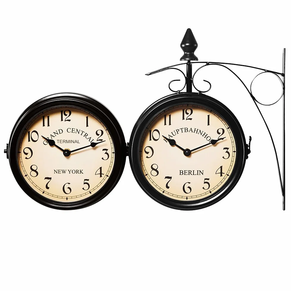 Monzana Horloge Murale Double Face Silencieuse Vintage New-Yorkaise Grand Central Métallique Noir
