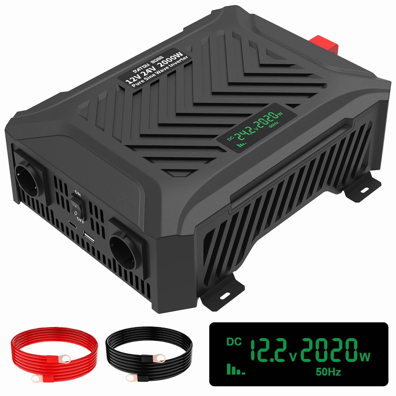 DATOUBOSS 2. generacji uniwersalna przetwornica napięcia 12V/24V na 230V 2000W/4000W czysta sinusoida z inteligentnym systemem rozpoznawania, Falownik Czysty Sinus z wyświetlaczem LCD, 2 gniazdami EU