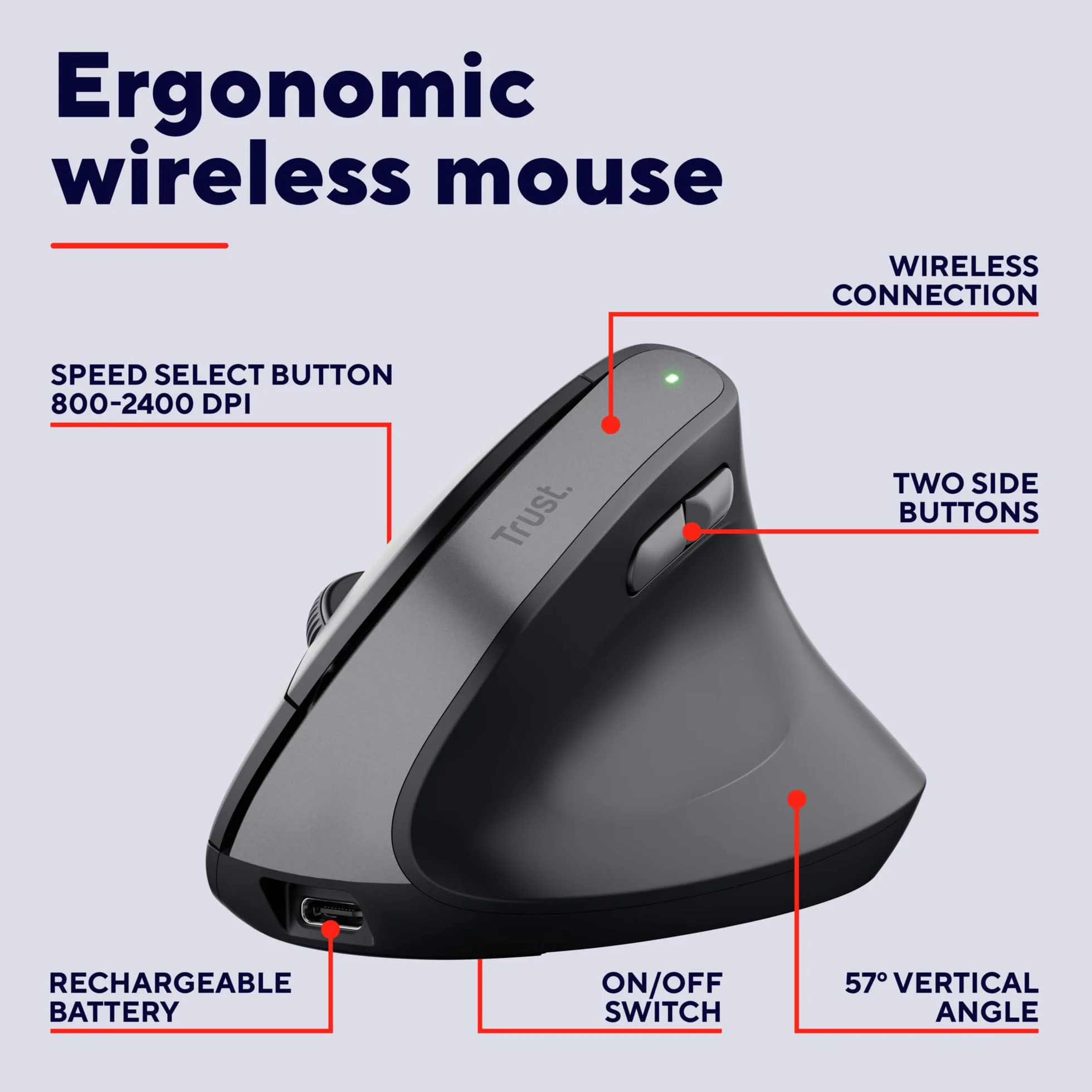 Trust Yuno Ergonomiczna Mysz Bezprzewodowa z Akumulatorem, Myszka Pionowa z Odbiornikiem USB 2.4GHz, Regulowane DPI 800-2400, Sensor Optyczny, 6 Przycisków, 70% Plastiku z Recyklingu - Czarny