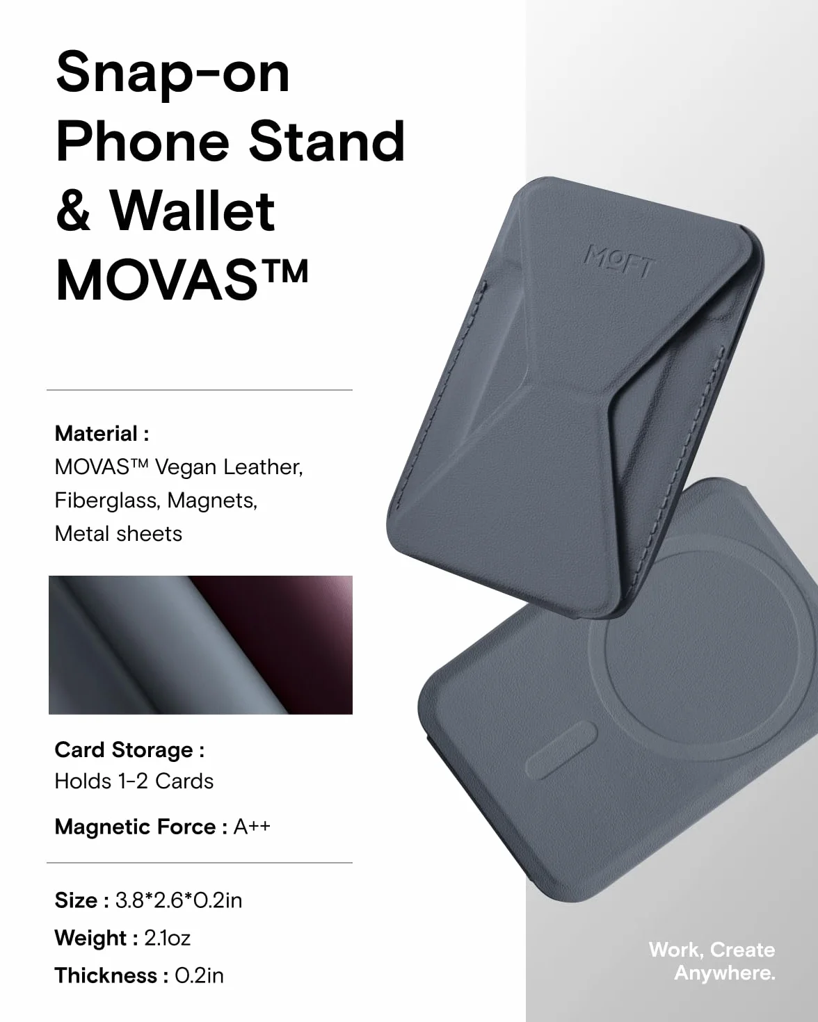 MOFT Magsafe uchwyt na karty iPhone 17/16/15/14/13/12, portfel Magsafe z MOVAS, skóra wegańska, mocny magnetyzm, 3-trybowy uchwyt na telefon komórkowy, 2 uchwyty na karty (zimnoszary)