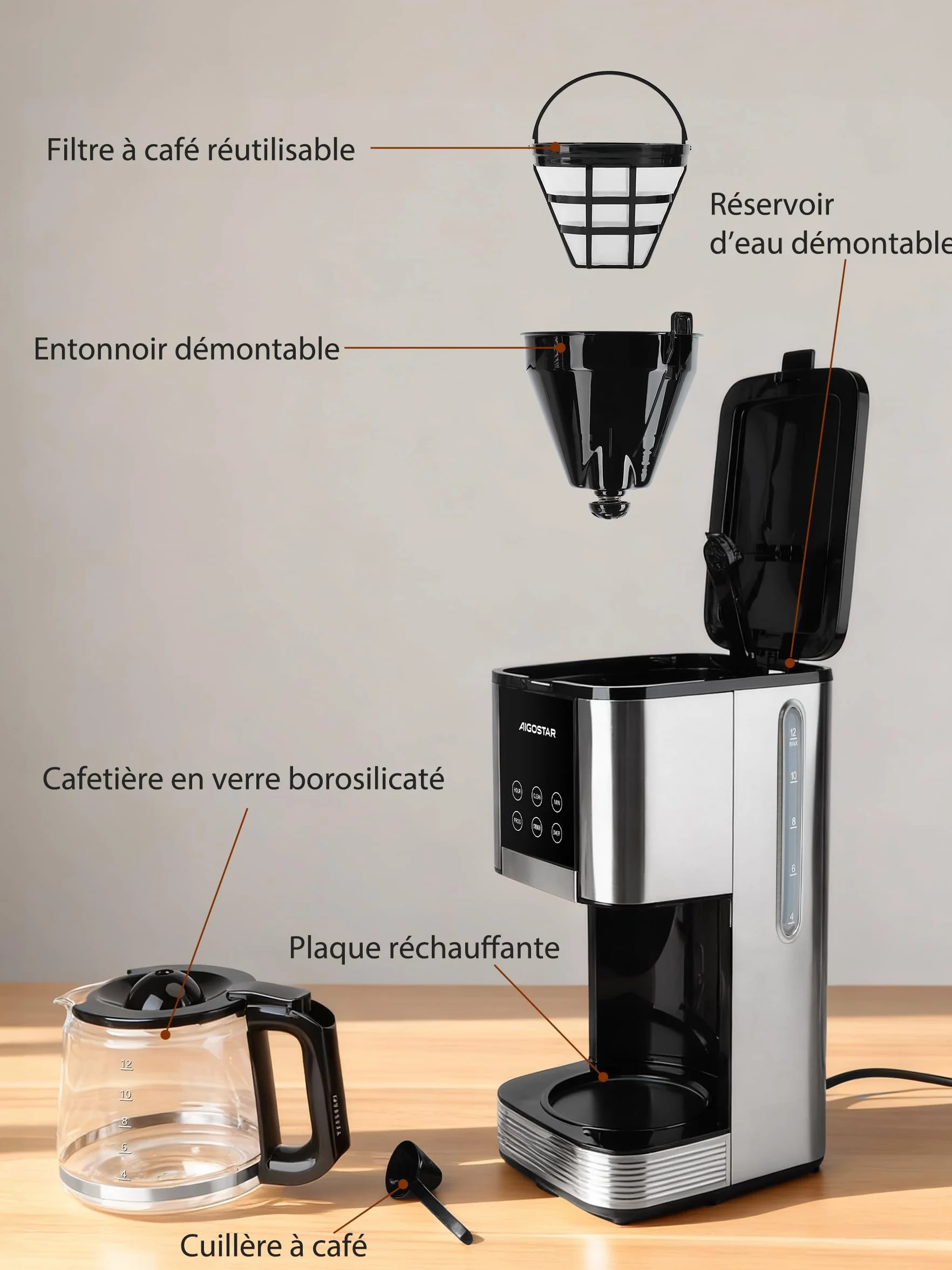 Aigostar Cafetière Filtre Électrique Programmable 24h 12 Tasses 1,5L Acier Inoxydable Réglage Intensité Écran LCD Anti-Goutte Maintien Chaud Auto-Nettoyage 1000W,0% BPA,Noir