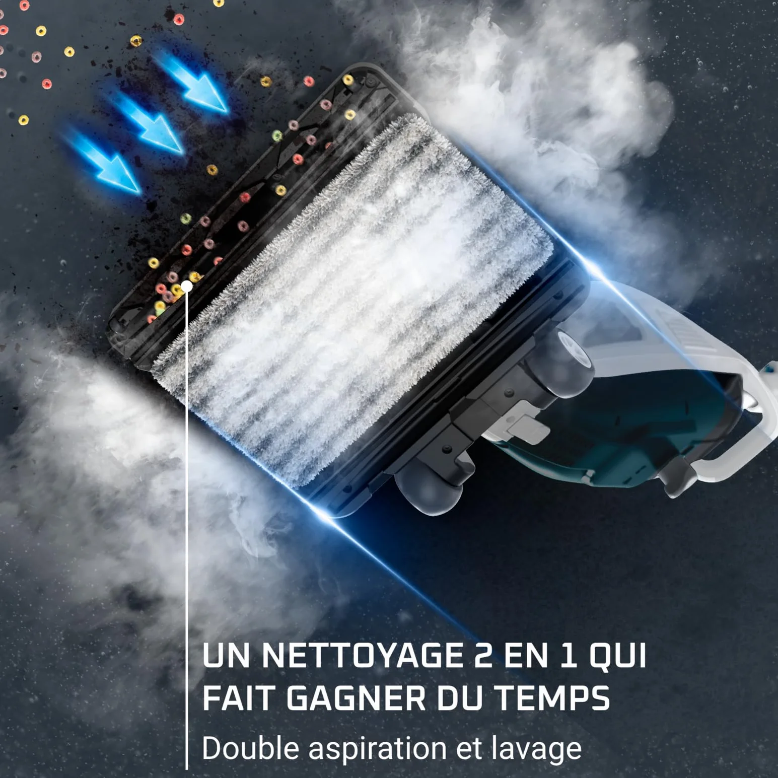 Rowenta Nettoyeur vapeur 2-en-1, Aspire et lave simultanément, Elimine 99,9 des bactéries, Pour tous les sols, Sans détergent, Diffuseur d’huiles essentielles, Clean et Steam Revolution RY7757WH