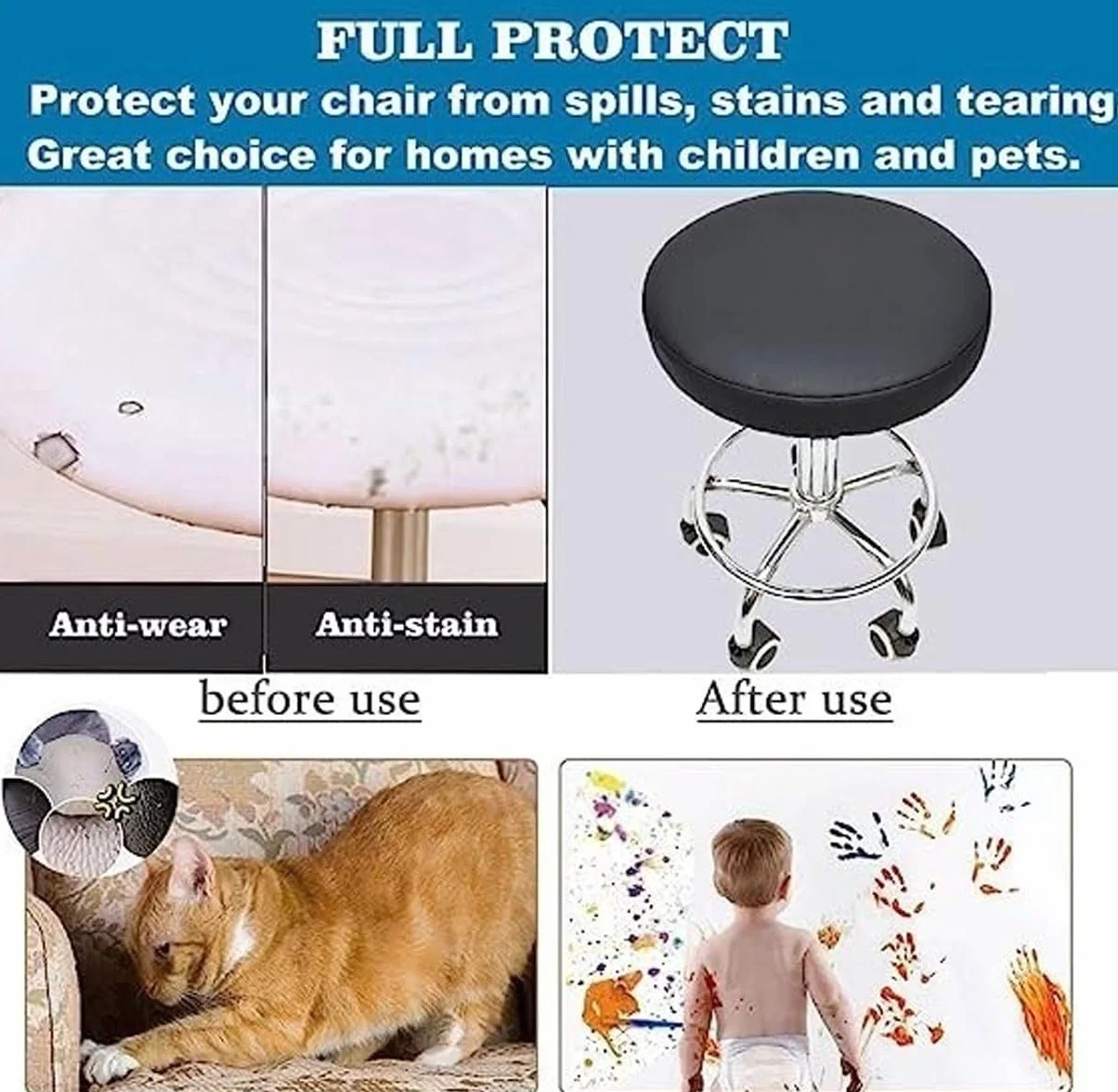 Housse De Tabouret Rond Imperméable Cuir PU Housse Protection Coussin Siège Couvre Tabouret Bar Élastique Noir