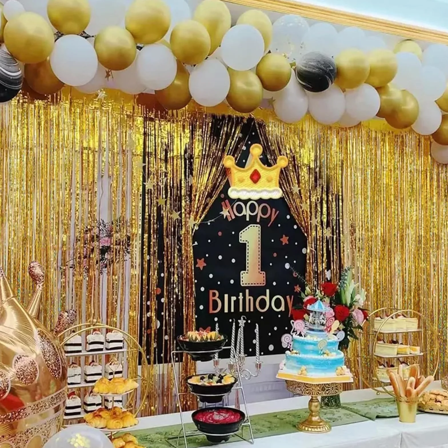 Rideau Frange Anniversaire 3 Pièces 1x3m Décoration Fête Paillette Jaune Doré