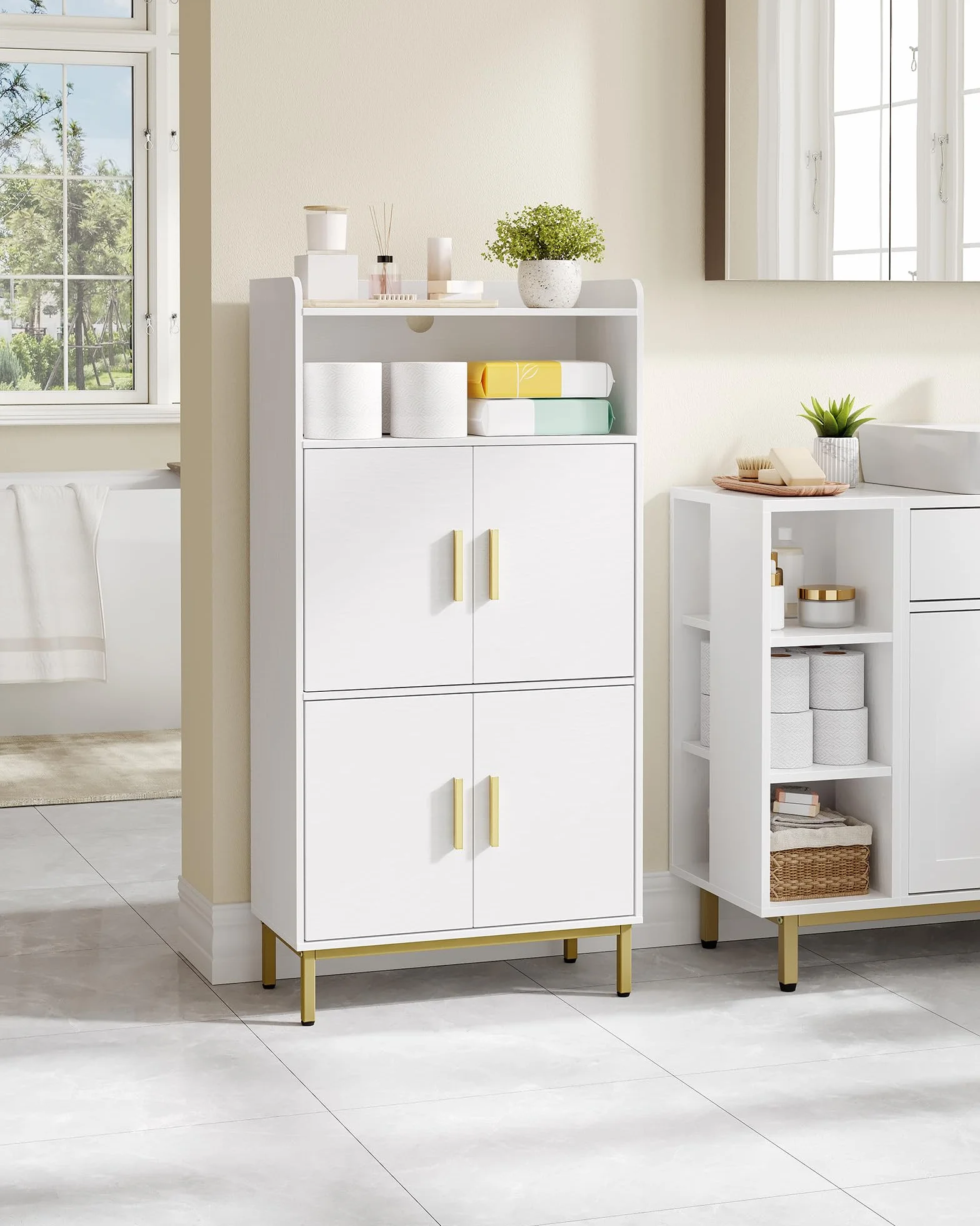 Hzuaneri Meuble Salle de Bain, Armoire de Rangement, Placard Cuisine avec 4 Portes et 1 Espace Ouvert, Armoire de Rangement, Étagères réglables, Salle de Bain, 30 x 60 x 120 cm, Blanc-Or SC45613G