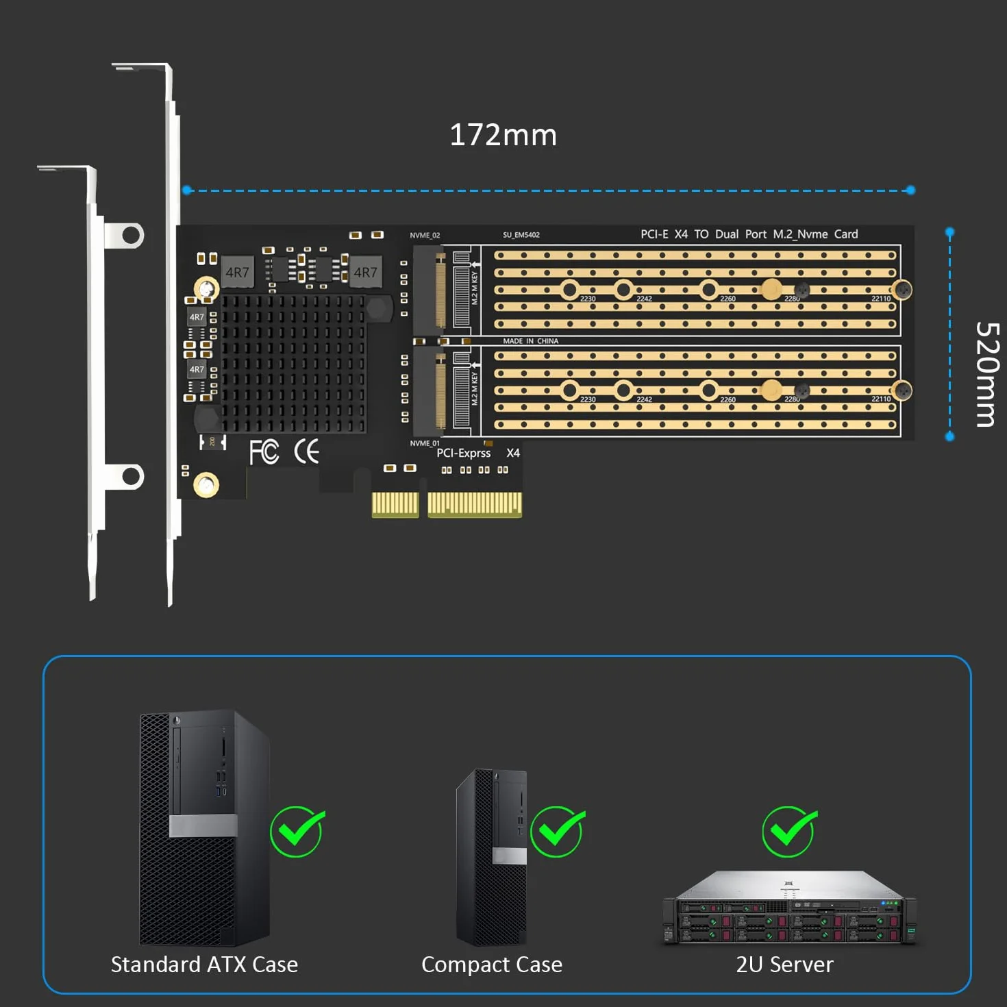 GLOTRENDS PA20 Dual Adapter M.2 NVMe na PCIe 3.0 x4 z funkcją rozgałęzienia PCIe, konfiguracja programowego RAID M.2 NVMe za pomocą narzędzia OS(obsługuje rozmiary 22110/2280)