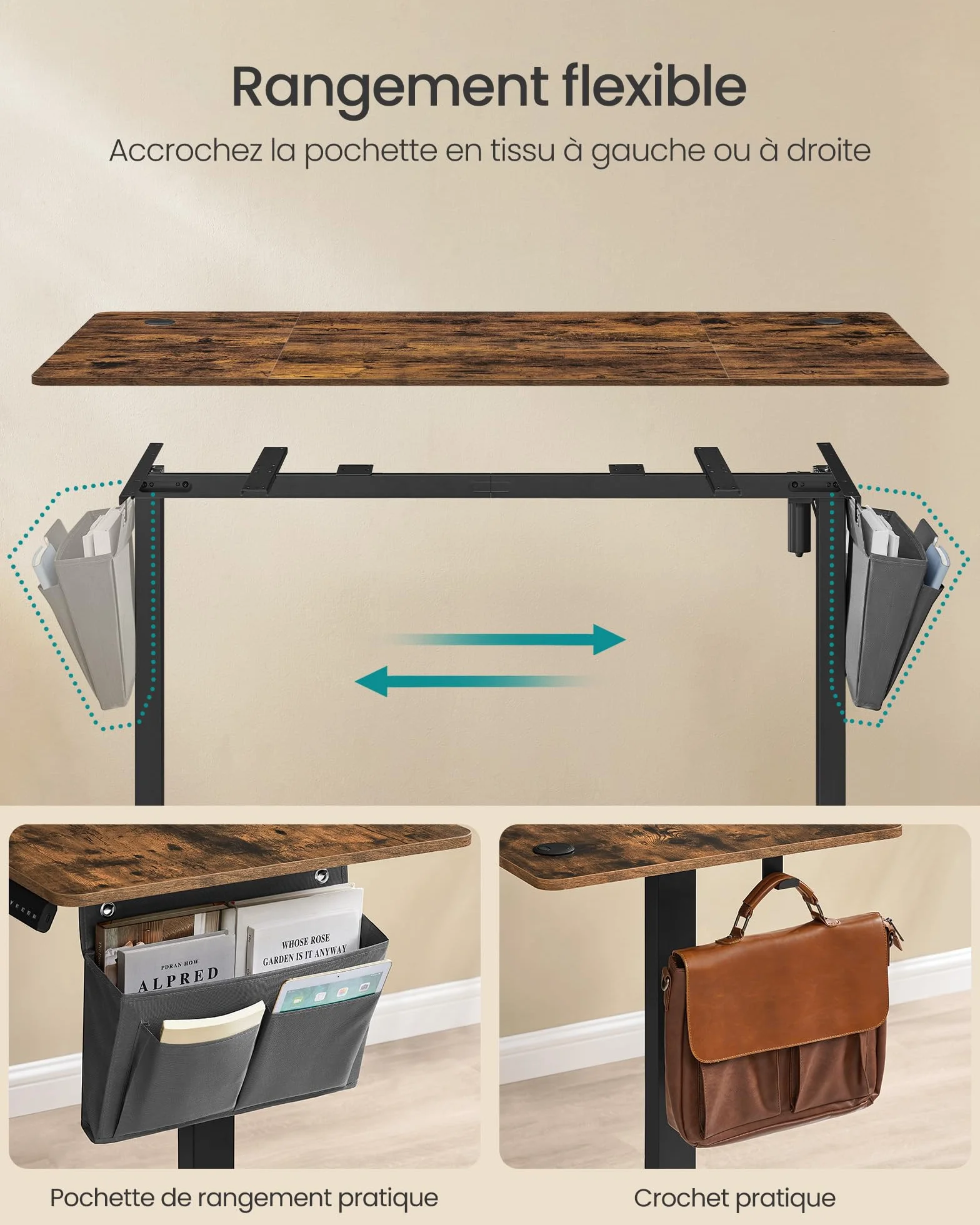 SONGMICS Bureau Électrique Réglable en Hauteur, 160 x 70 cm, Table Assis-Debout, Fonction Mémoire 4 Hauteurs, Marron Rustique et Noir
