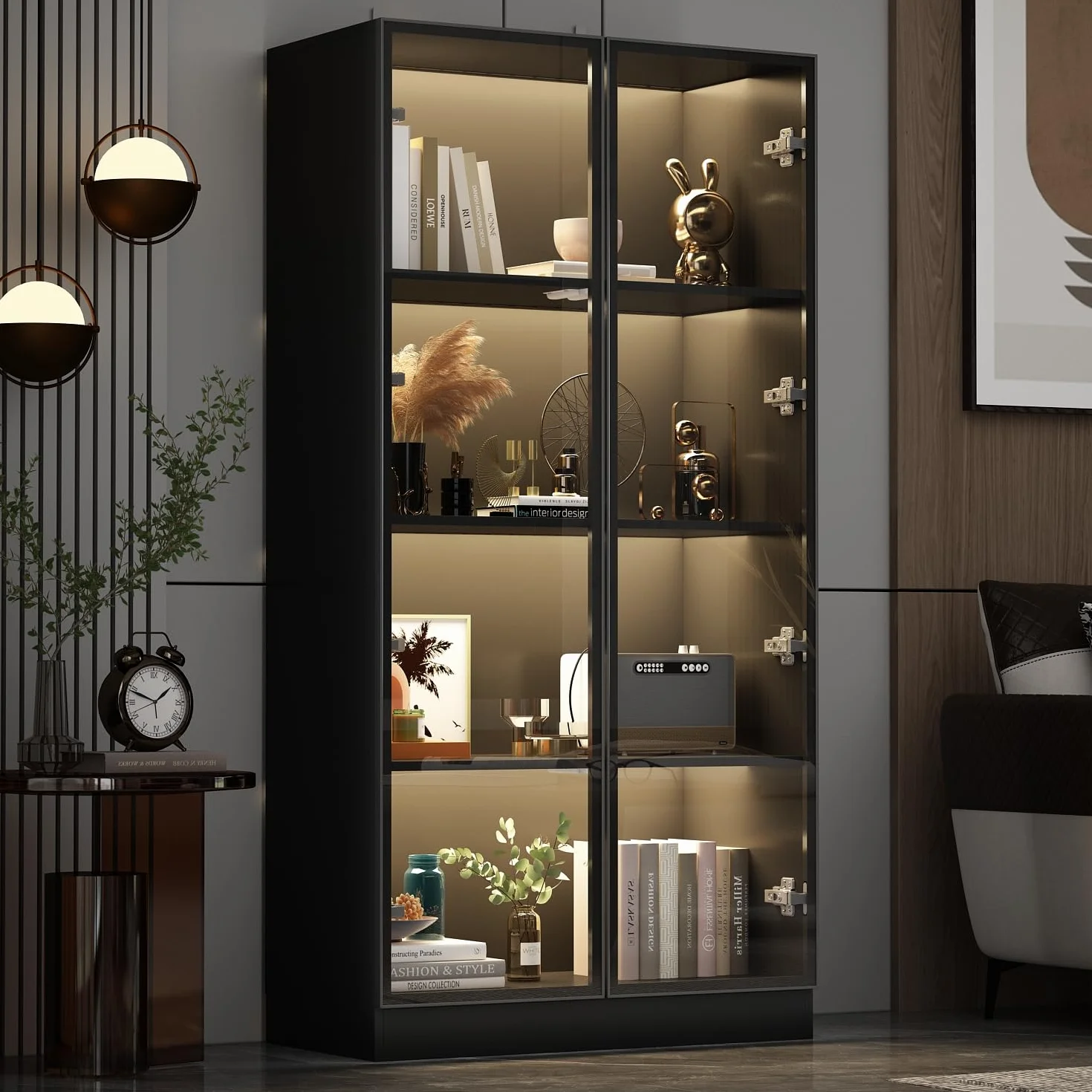Vitrine en Verre avec éclairage,Meuble de Rangement avec Etagères,Armoire Multifonction en Verre Debout avec étagères à 4 Niveau, Armoire de Salon,40 x 160 x 80 cm,Noir