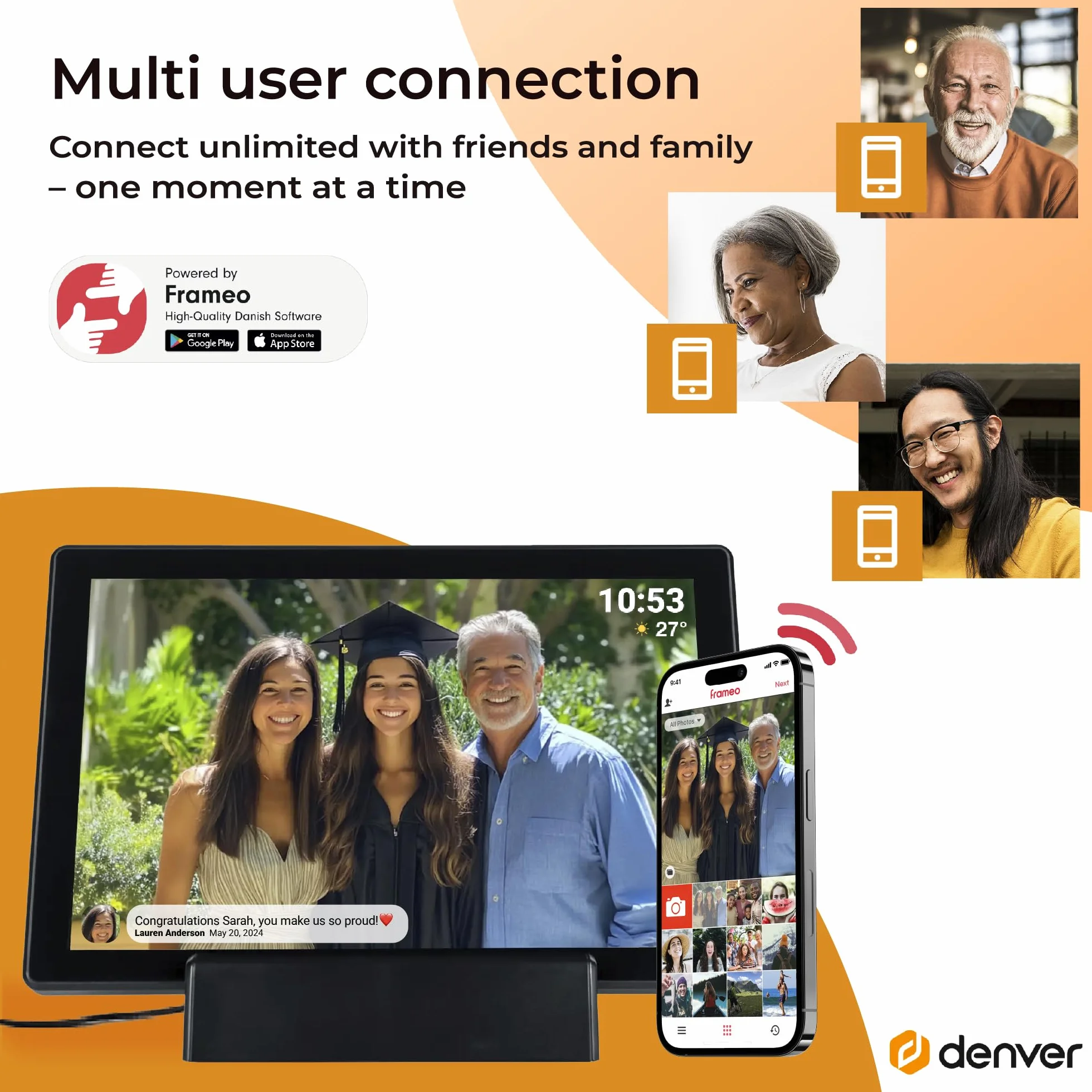 Denver PFF-1070B | cyfrowa ramka na zdjęcia Wi-Fi 10,1" z akumulatorem | ekran dotykowy HD IPS | aplikacja FRAMEO i pamięć 16 GB | czarna