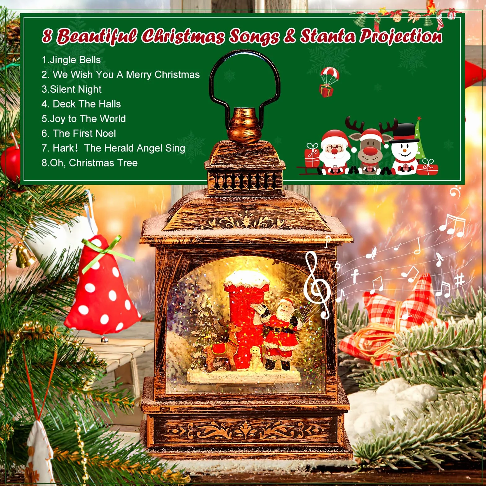 Lanterne Noel Lanterne Boule à Neige Musicale LED de Noël, Lampe de Noel Lumineux Père Noël et Flocon de Neige avec 8 Songs pour Décoration Noel Intérieure Prise USB ou Alimenté par Pile