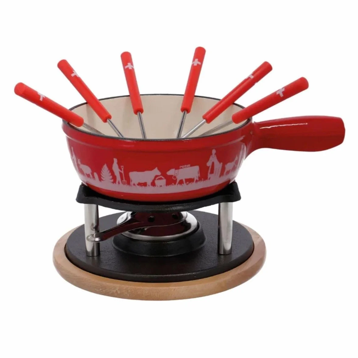 Rotel 1510150 Service à fondue au fromage, fondue traditionnelle Suisse, 2L, 6 personnes, set à fondue, Fonte d'aluminium, Bois, Plastique, Emaille, 21 x 31 x 17,2 cm, diamètre 21 cm