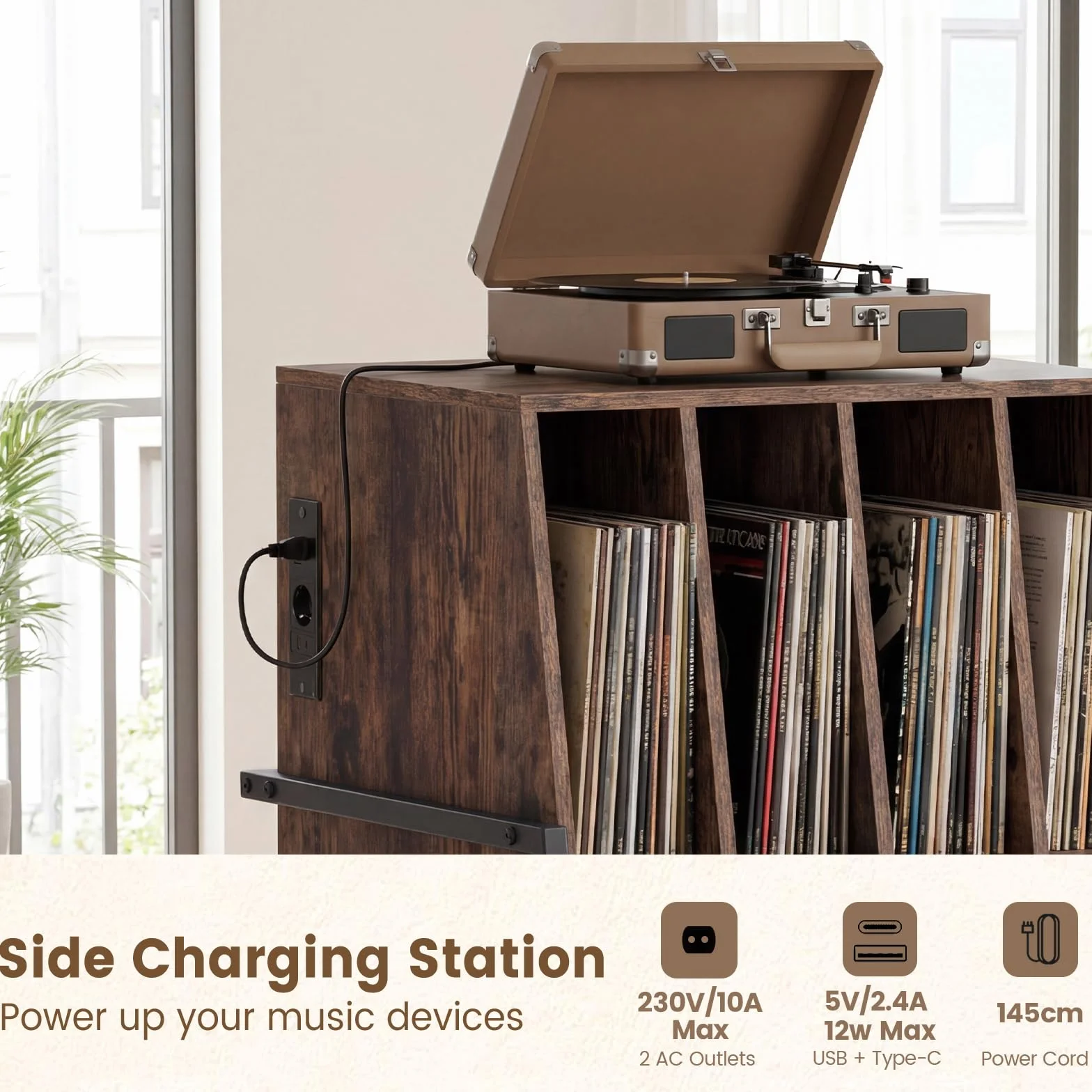 KOMFOTTEU Meuble Platine Vinyle avec Roulette, Support de Tourne-Disque, Compartiments & Étagère inférieure, Meuble Tourne-Disque, 54 x 57 x 76,5 cm (Marron, avec Station de Recharge)
