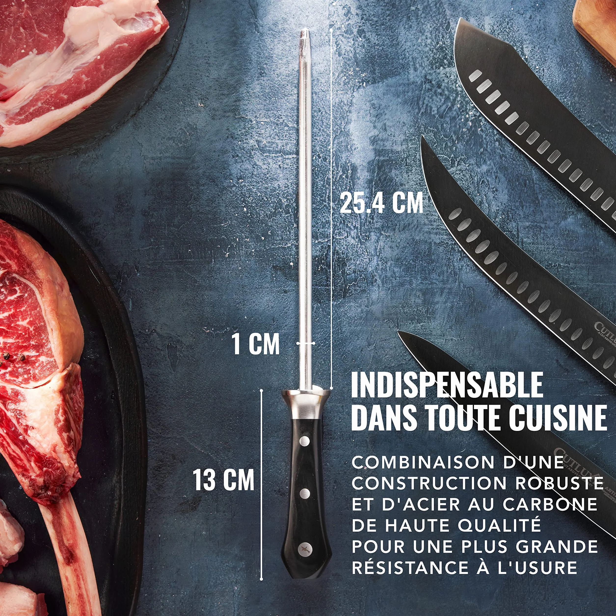 Cutluxe Fusil à Aiguiser 25.4cm Aiguiseur Professionnel Diamant Poignée Ergonomique pour Couteaux Chef Japonais Série Artisan