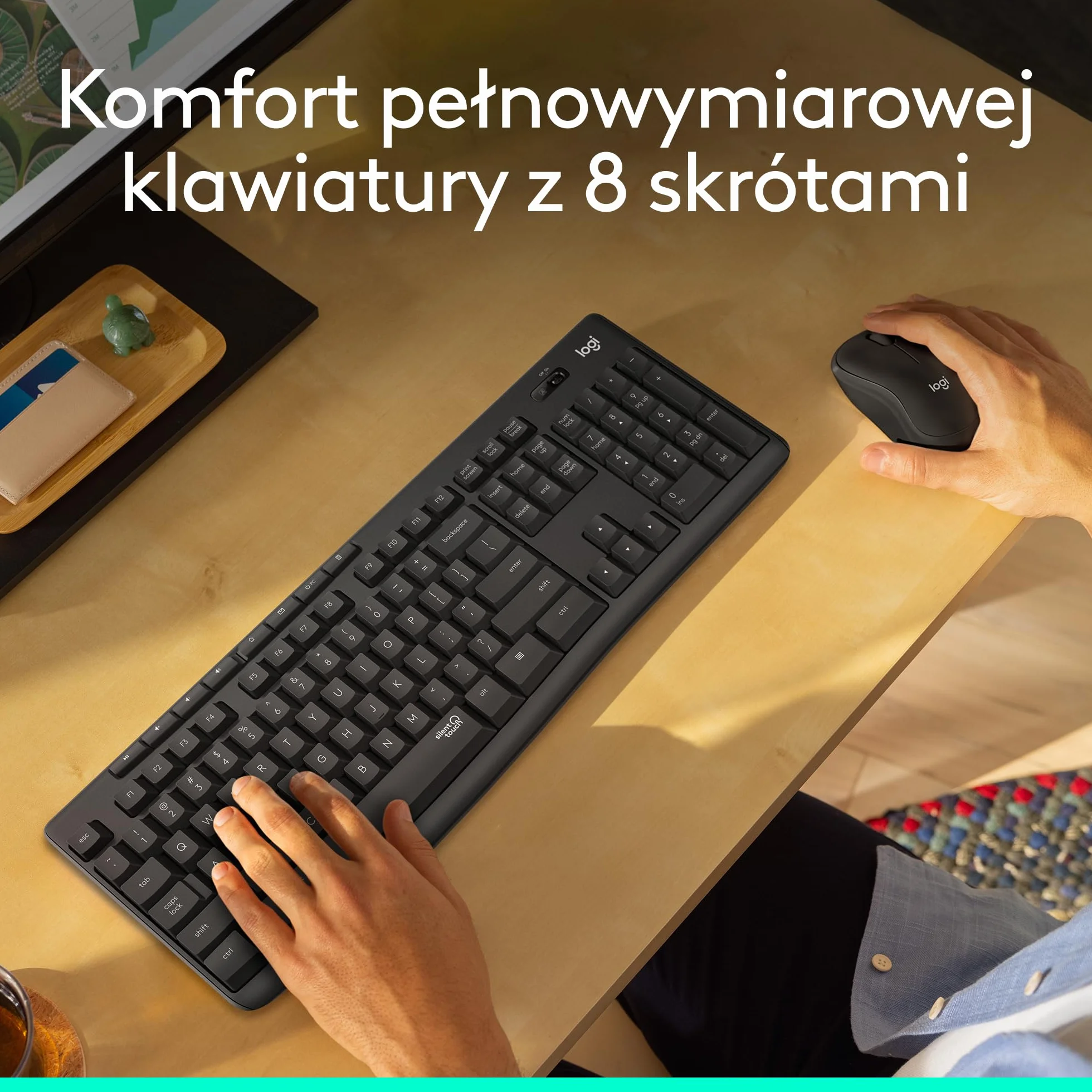 Logitech MK295 Silent, zestaw myszy i klawiatury z technologią SilentTouch, pełną klawiaturą num., zaaw. czujnikiem opt., łącznością bezprzew. bez opóźnień, 90% cichszą pracą, QWERTY US Intl - Szary