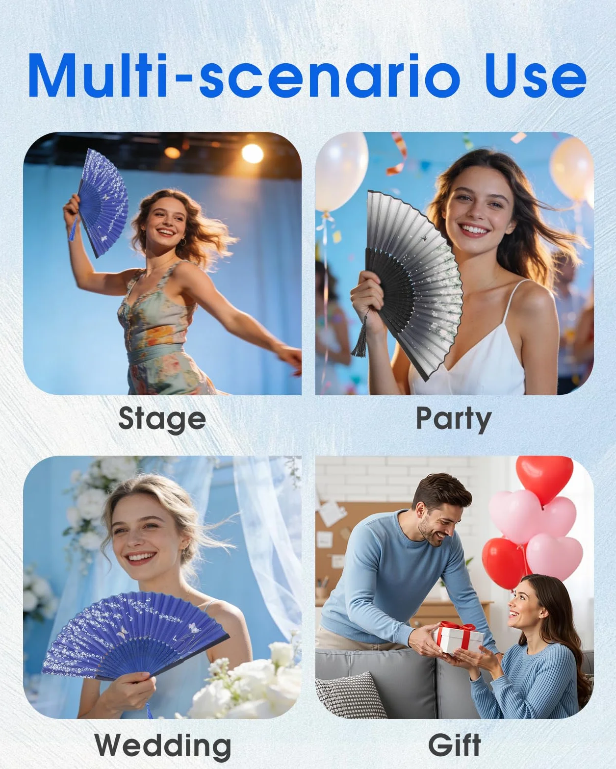 Éventails Pliants à Main avec Frange, Ventilateur Portable pour Fête Mariage Danse, Cadeau pour Dame et Homme (Noir et Bleu)