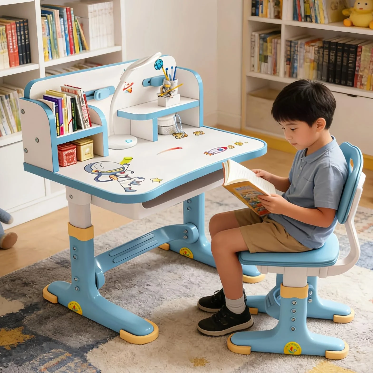 Bureau avec chaise pour enfants de 3 à 12 ans, réglable en hauteur, bureau fonctionnel et ensemble chaise – Panneau dense, distance dorée, séparation scientifique, école pour enfants