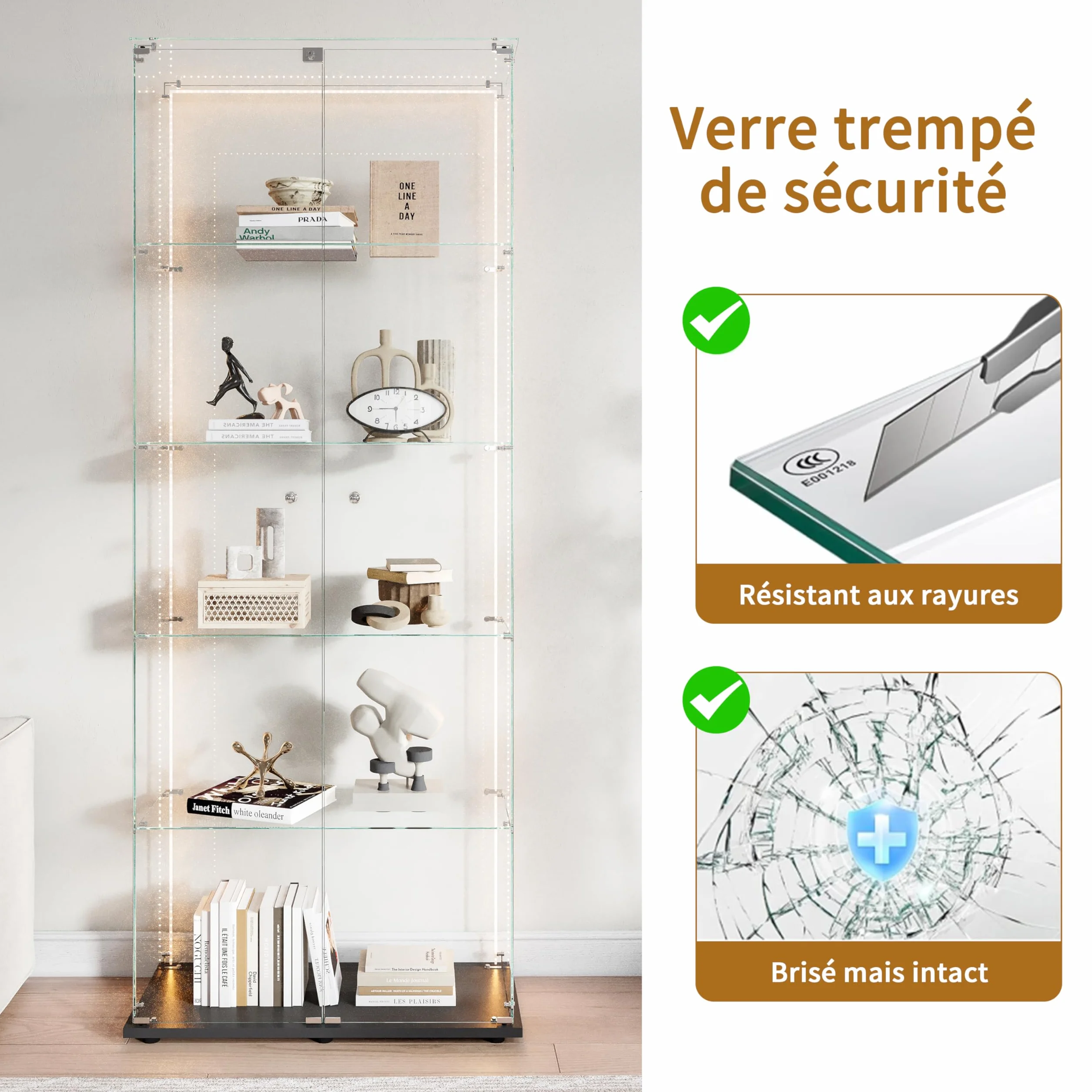 Vitrine,vitrine en Verre de 187x79x35cm,5 Couches avec LED 2 Porte et Serrure,Armoire de Collection Moderne en Verres,Armoire de Rangement en verre Debout pour Salon,Chambre à Coucher, Bureau