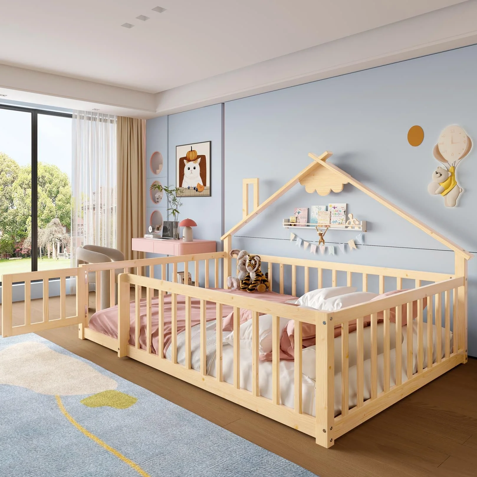 PUGSDRLY Lit Cabane Enfant 140x190cm avec Barriere et Serrure,Lit Montessori au Sol avec Sommier à Lattes,Cadre en Bois de Pin pour Enfant,sans Matelas (Naturel, 140x190)