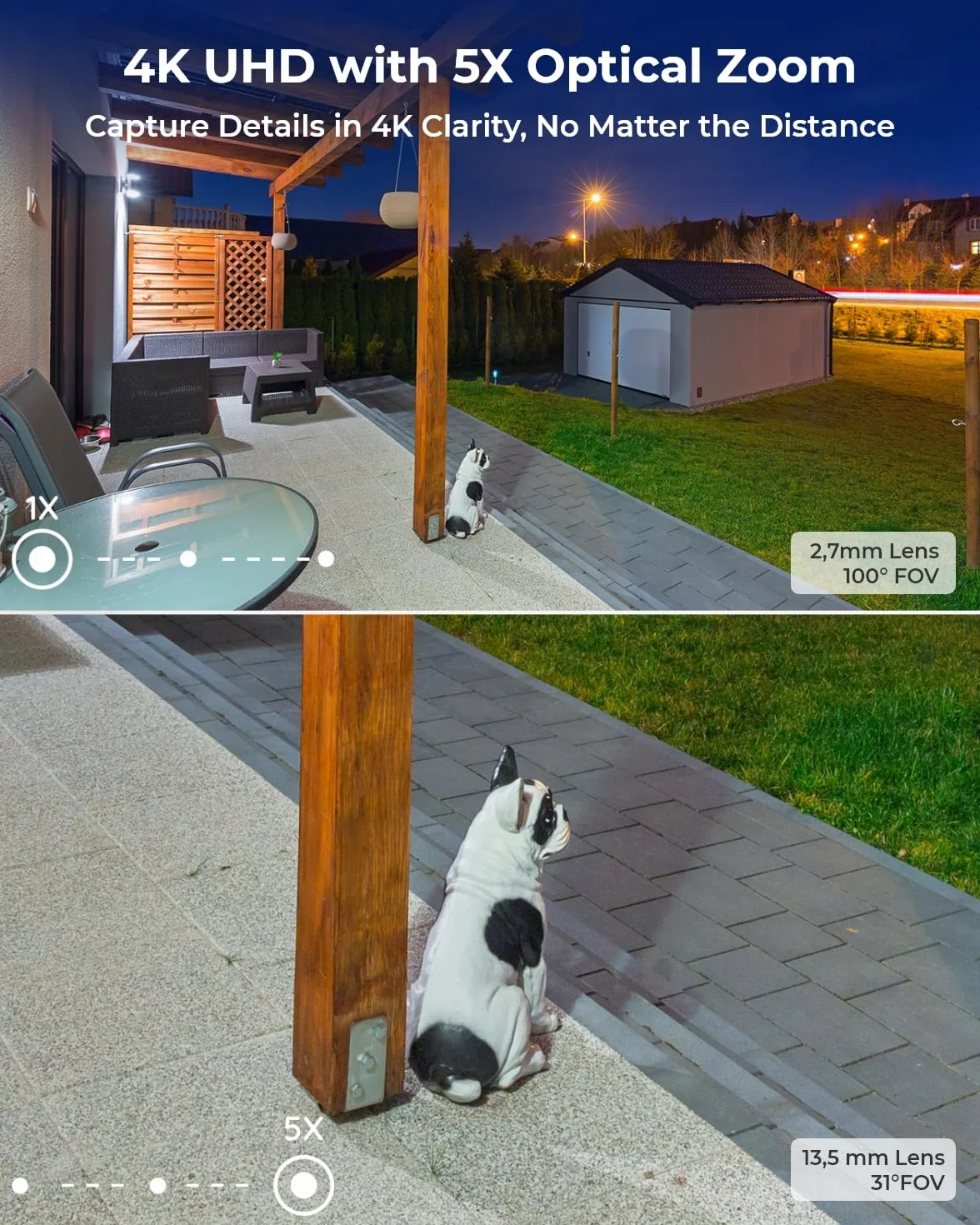 Reolink Zewnętrzna Kamera Bezpieczeństwa 4K 8 MP z 5-krotnym Zoomem Optycznym, Płynnym Zdalnym Podglądem z Nagrywaniem H.265, Wi-Fi 2,4/5 GHz, Kolorowym Noktowizorem, dwukierunkowe audio, RLC-811WA