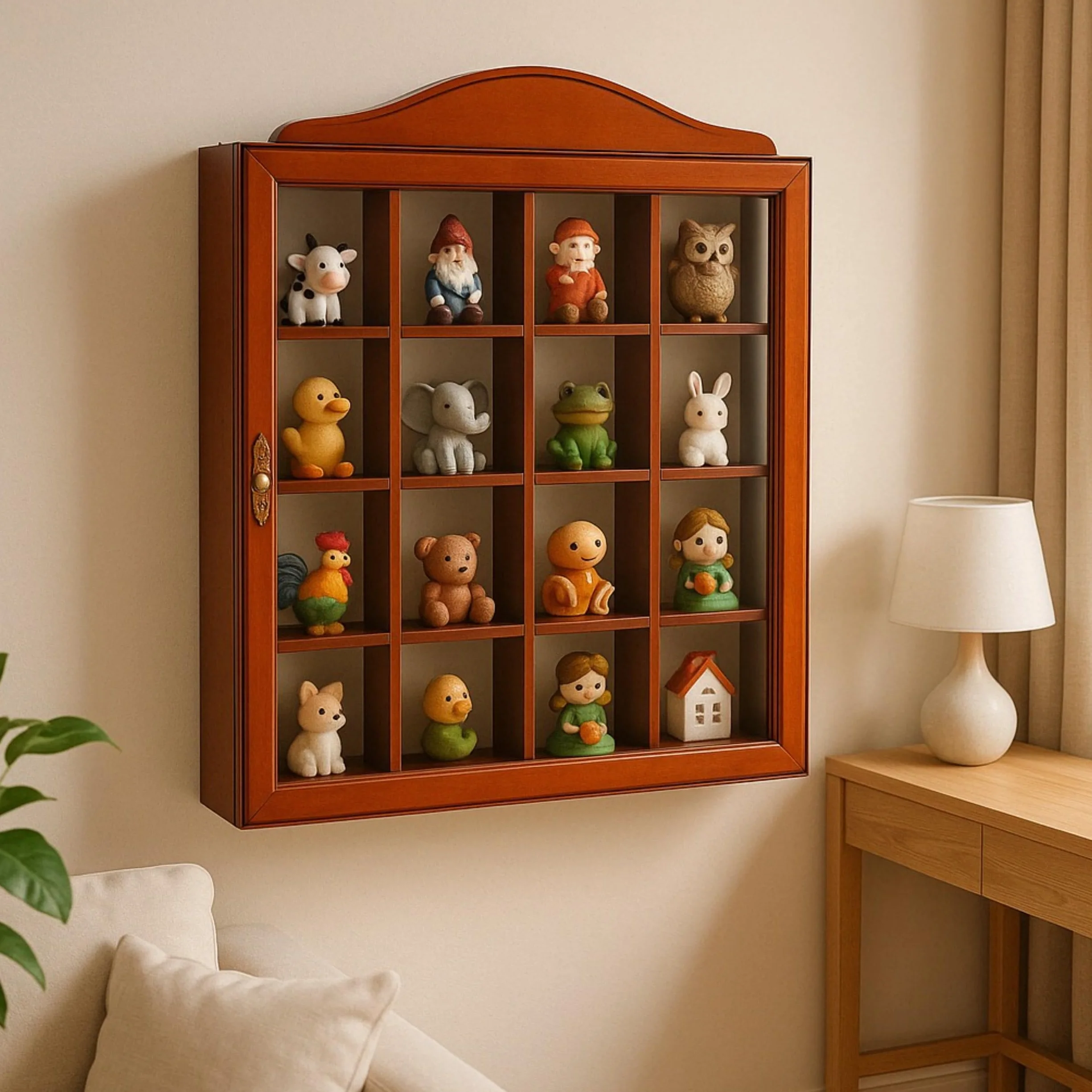 Vitrine murale en bois et verre, fermeture magnétique, 42 cm.