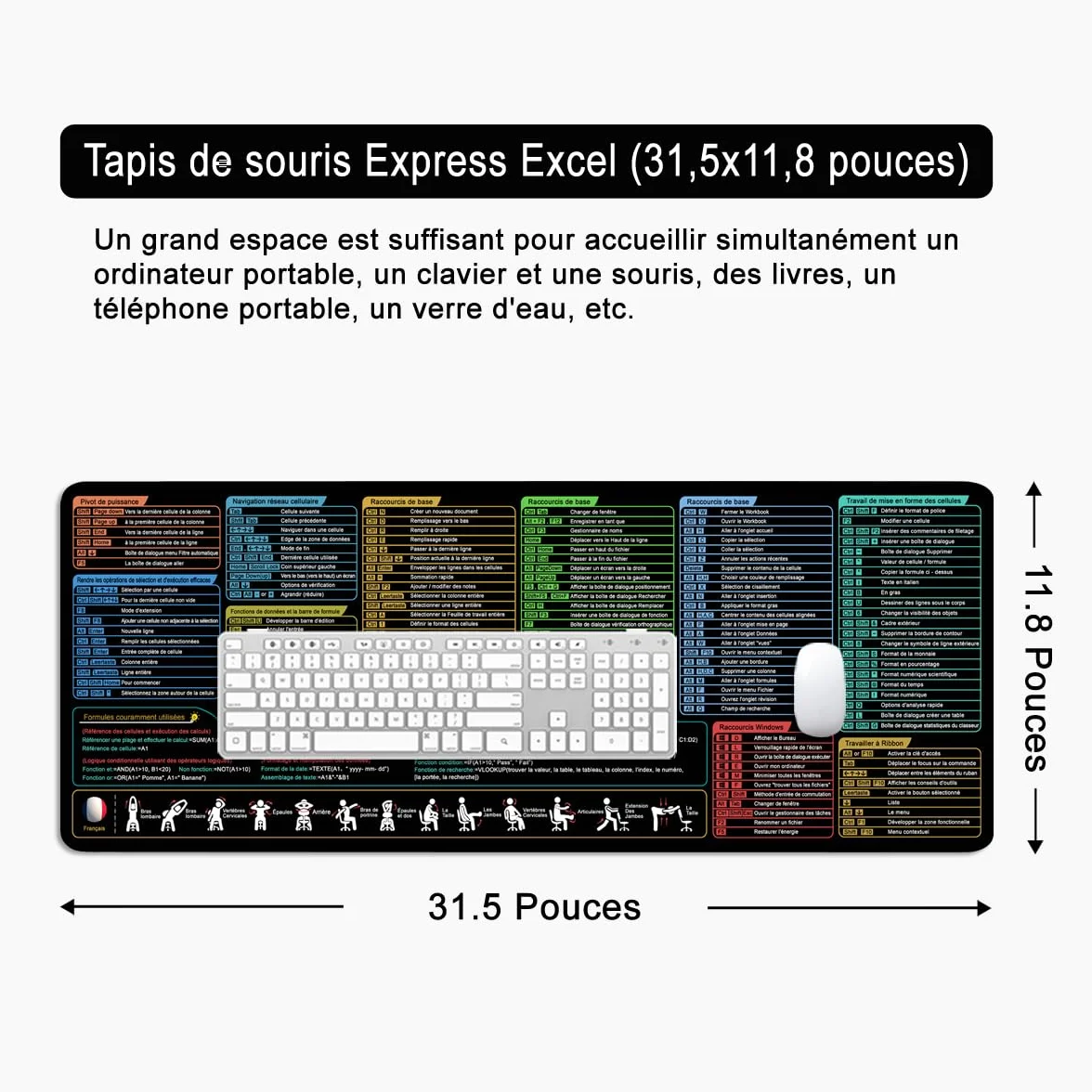 Excel Shortcuts Tapis de souris XL Grand tapis de souris de jeu Noir Sous-main Bureau