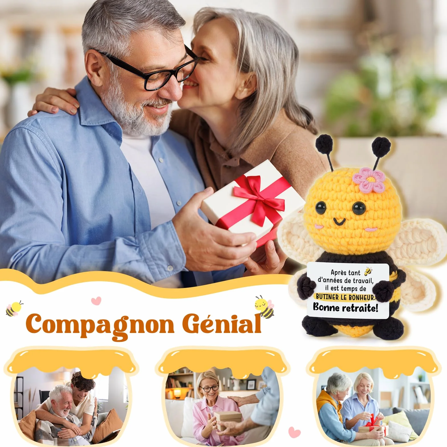 Gleevara Cadeau Retraite Femme Homme, Abeille Mignonne au Crochet Faite Main - Décoration Bureau Maison