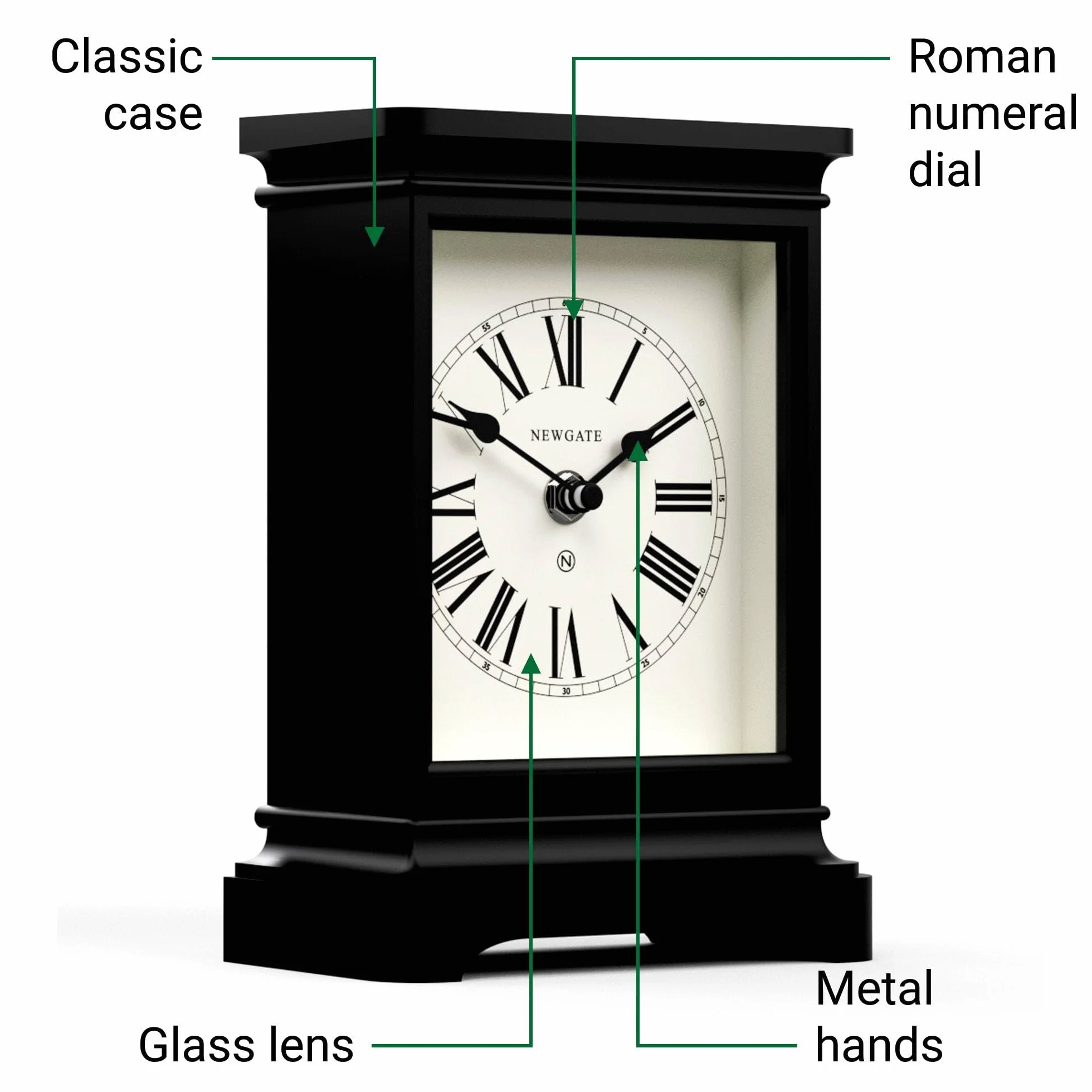 NEWGATE® Time Lord Horloge de cheminée Classique Noir Chiffres Romains pour Bureau Table