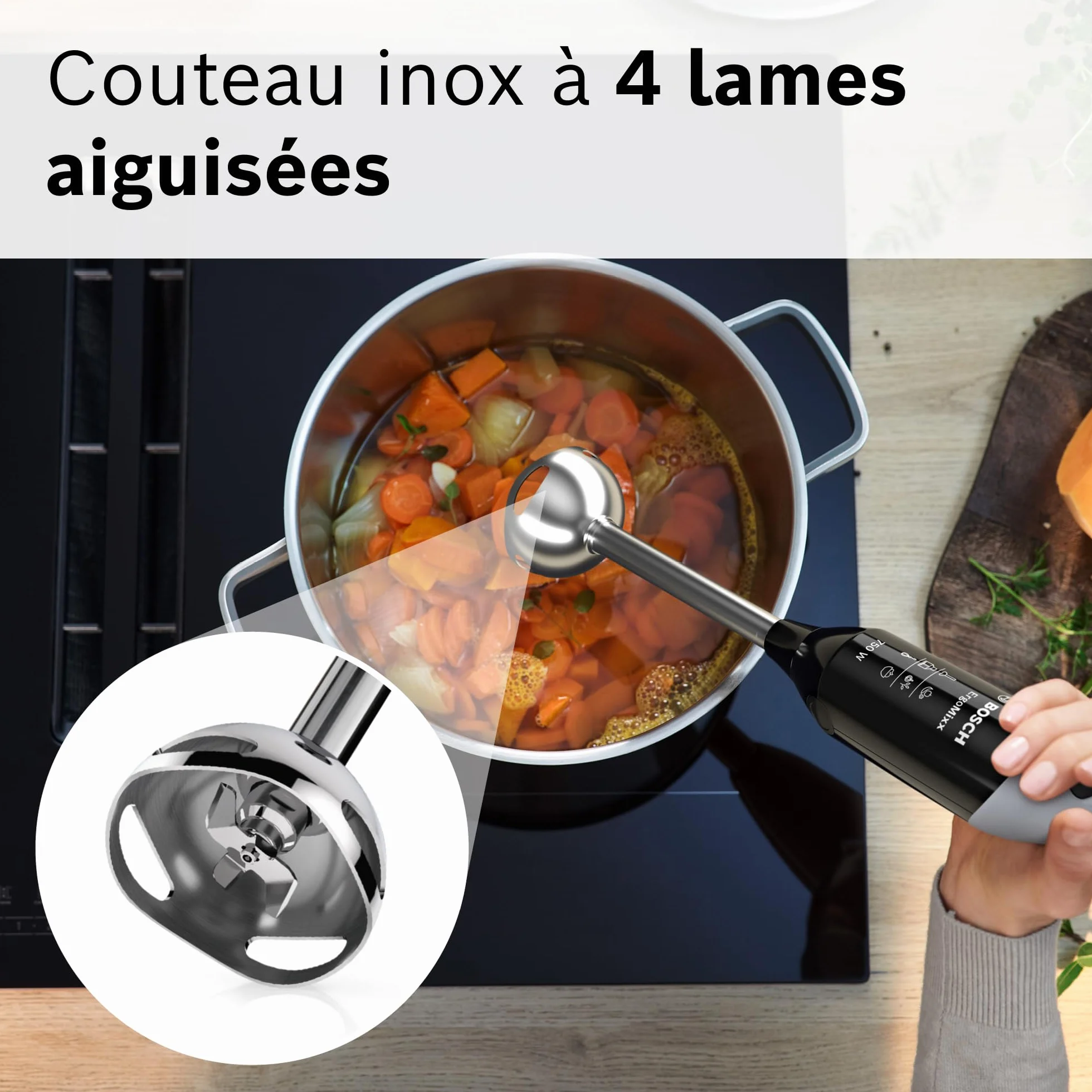 Bosch Mixeur plongeant ErgoMixx, moteur 600 W, 12 vitesses et fonction turbo, hachoir XL, fouet, gobelet doseur, noir, MSM67160