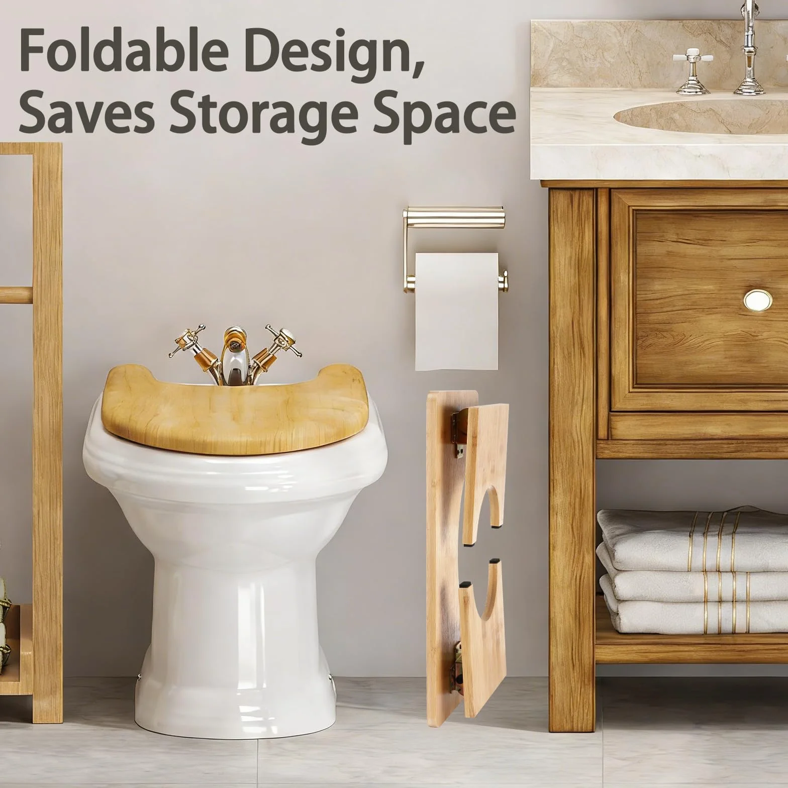 Tabouret Toilette Pliable en Bois, Marche Pied Toilette Tabouret WC, Ergonomique Repose Pied Toilette Stable Antidérapant et Portable, pour Adultes et Enfants