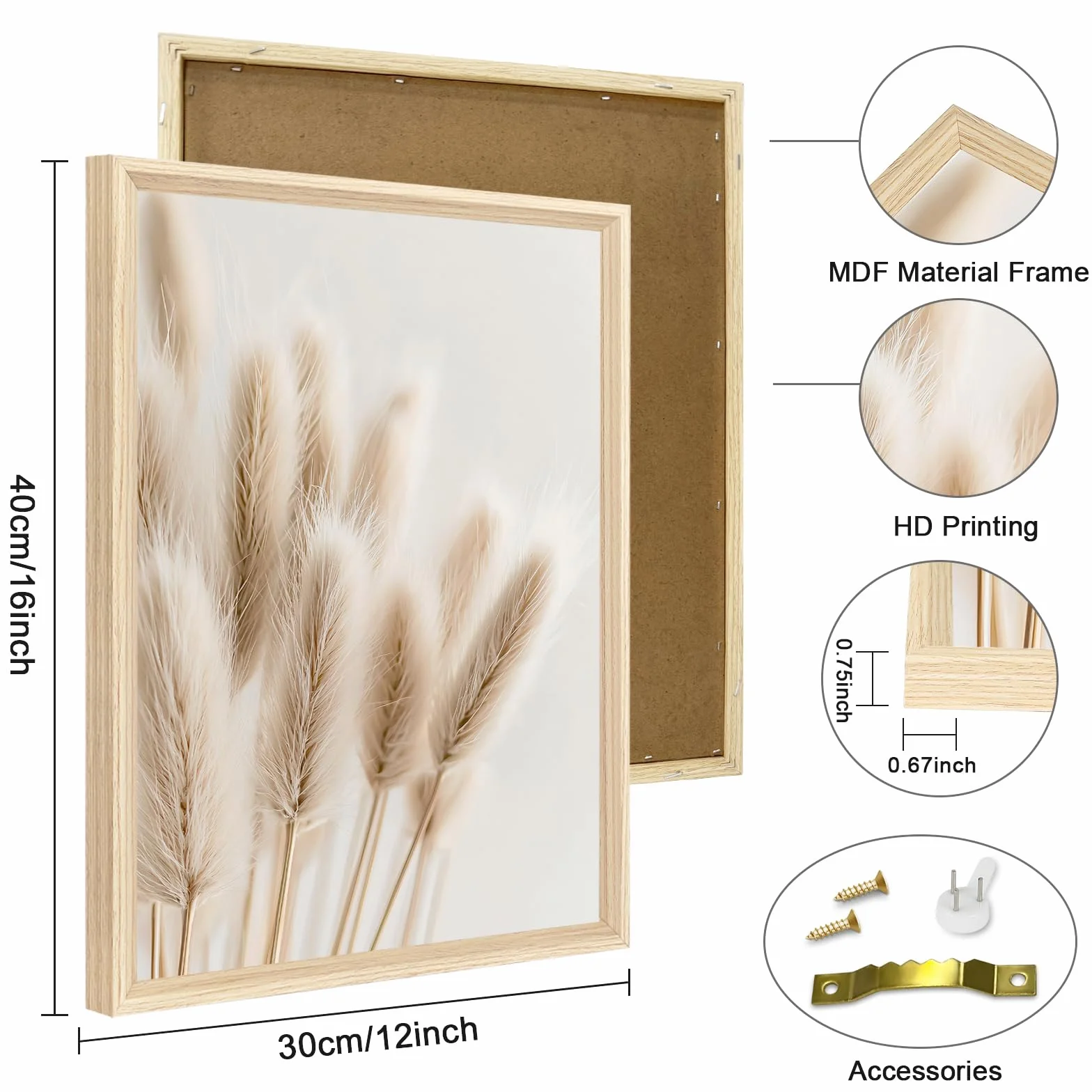 Cadre en bois Impression sur Toile Beige Boho Tableau Peinture Affiche Fleur nordique Sauge Herbe Séchée Decoration Murale 30x40cm x3