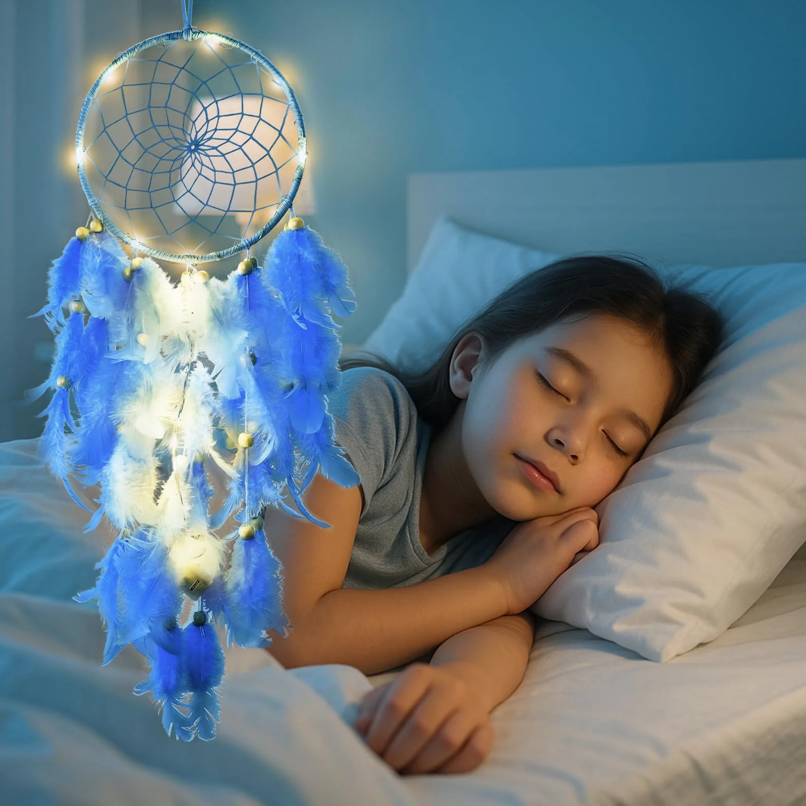 Attrape-rêves en plumes LED bleu - Décoration murale bohème