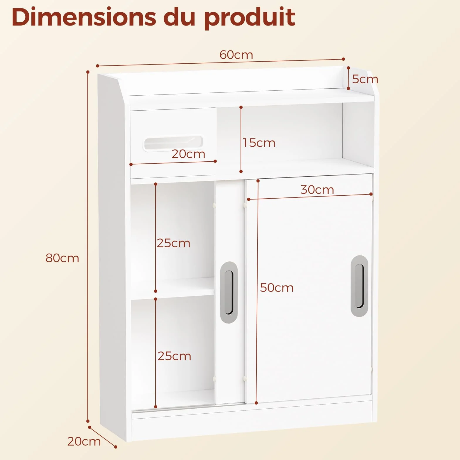BEWISHOME Meuble de Salle de Bain avec Porte Coulissante et Poignées Intégrées,Meuble Toilette Gain de Place,Étagère Réglable et Support Papier Toilette,20x60x80cm,Blanc EYYG16W